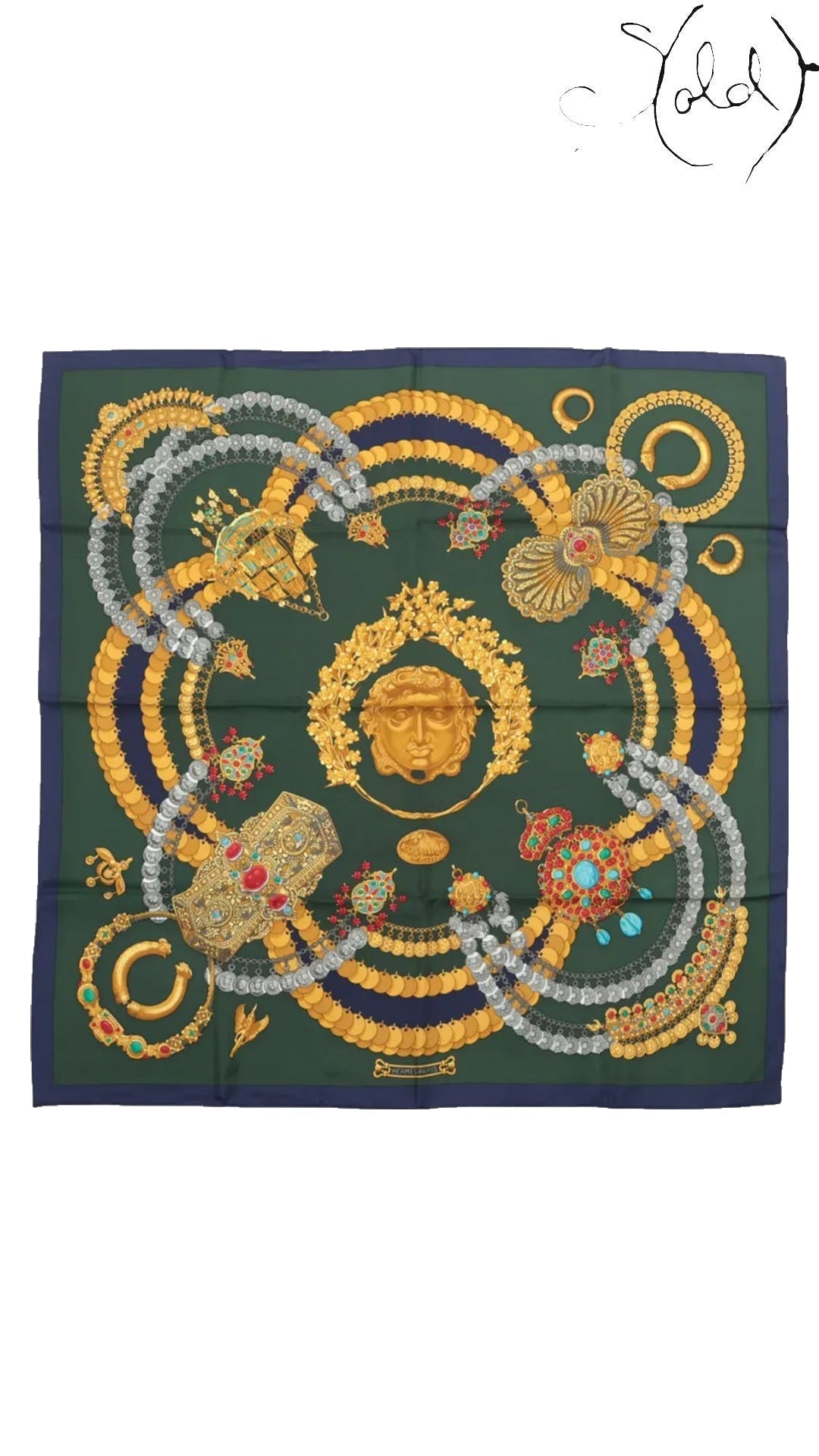 Hermes Carre 90 Kosmima Navy Khaki Silk Scarf - full view