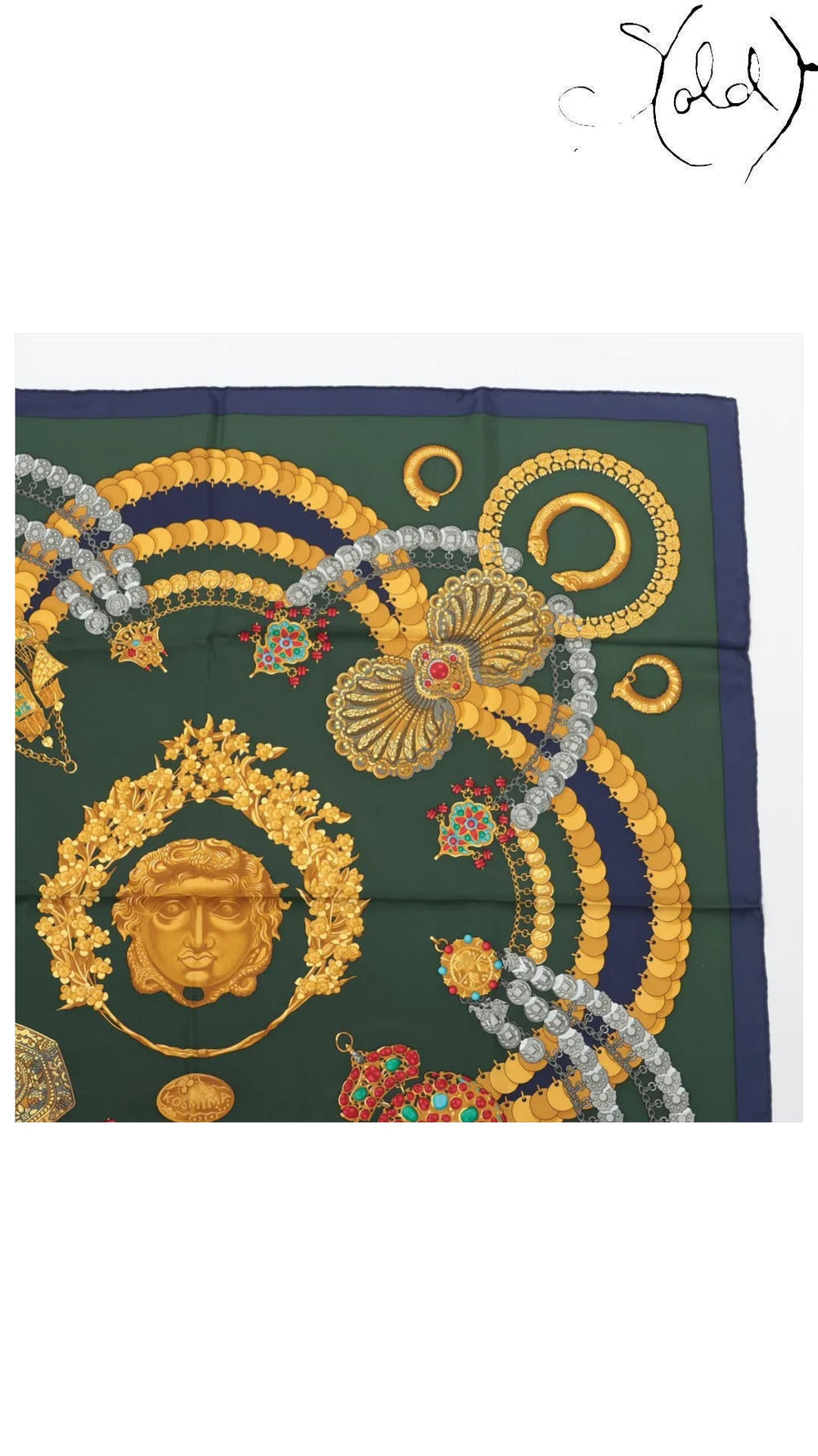 Hermes Carre 90 Kosmima Navy Khaki Silk Scarf — detail view 3