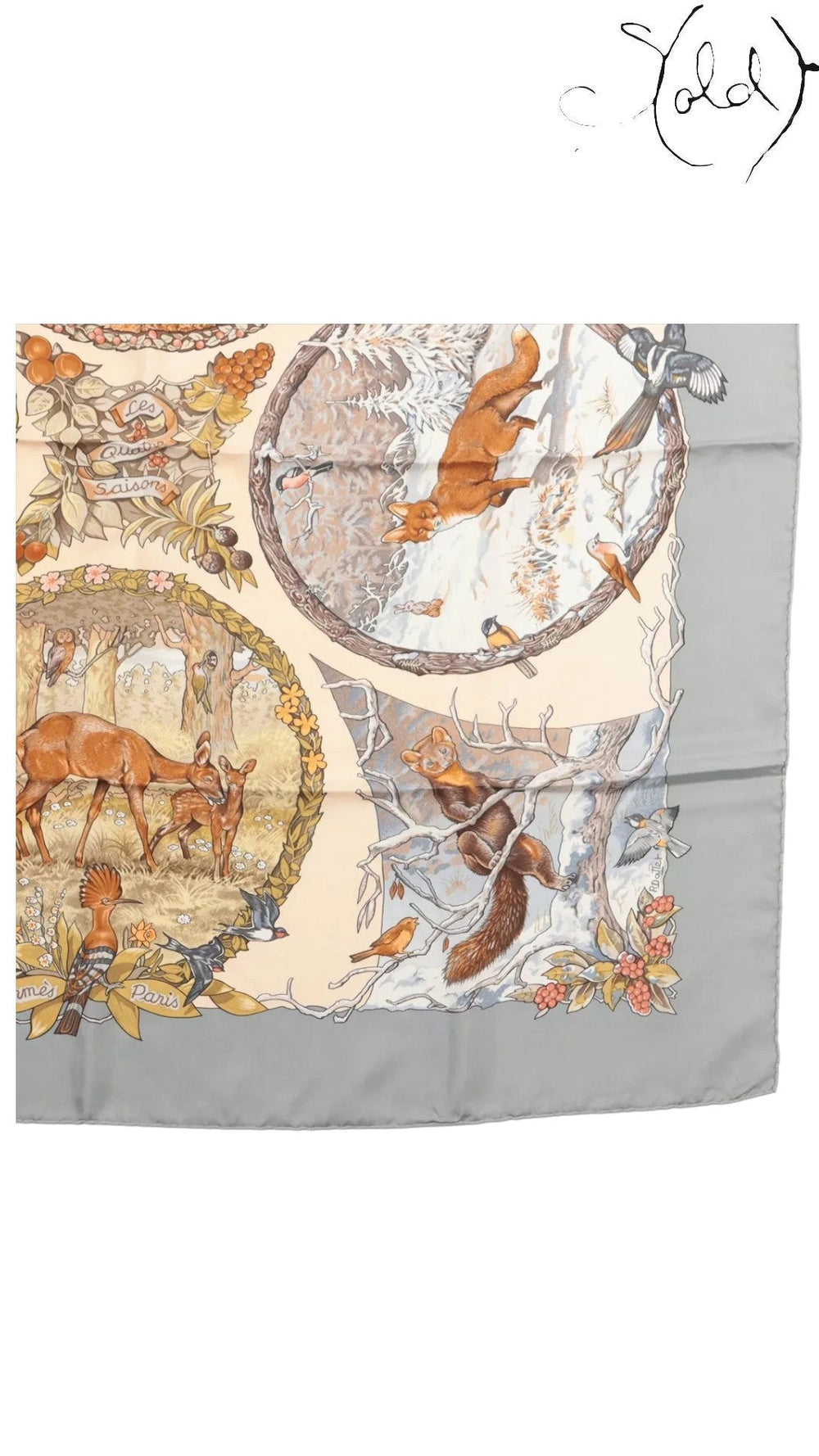 Sold Attire Hermes Les Quatre Saisons silk scarf featuring detailed seasonal animal illustrations on a grey background.