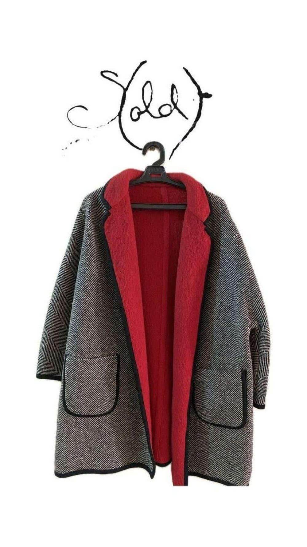 Herringbone Wool Coat – Gray & Red Vintage Style — Authenticated Pre-Owned | Sold Attire
