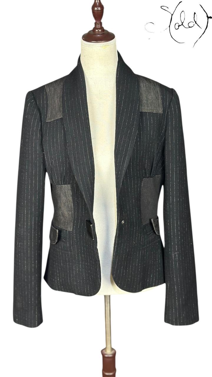 Just Cavalli Pinstripe Blazer Leather Trim Black 2010s Size 42, Interior view | Sold Attire