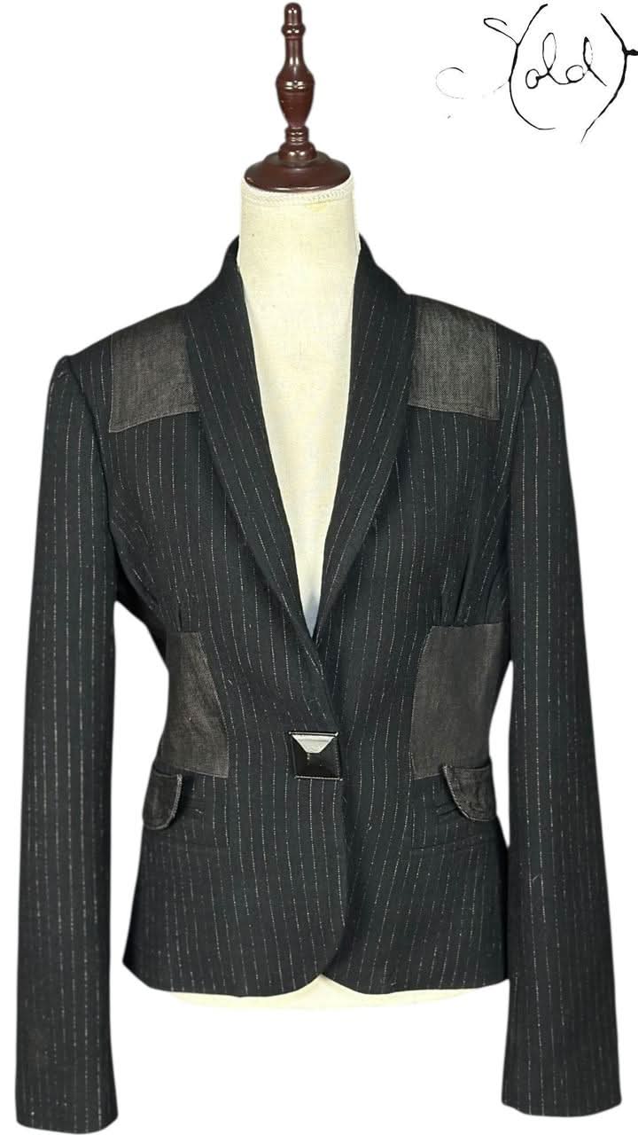 Just Cavalli Pinstripe Blazer variant_title Just Cavalli Pinstripe Blazer Leather Trim Black 2010s Size 42 | Sold Attire
