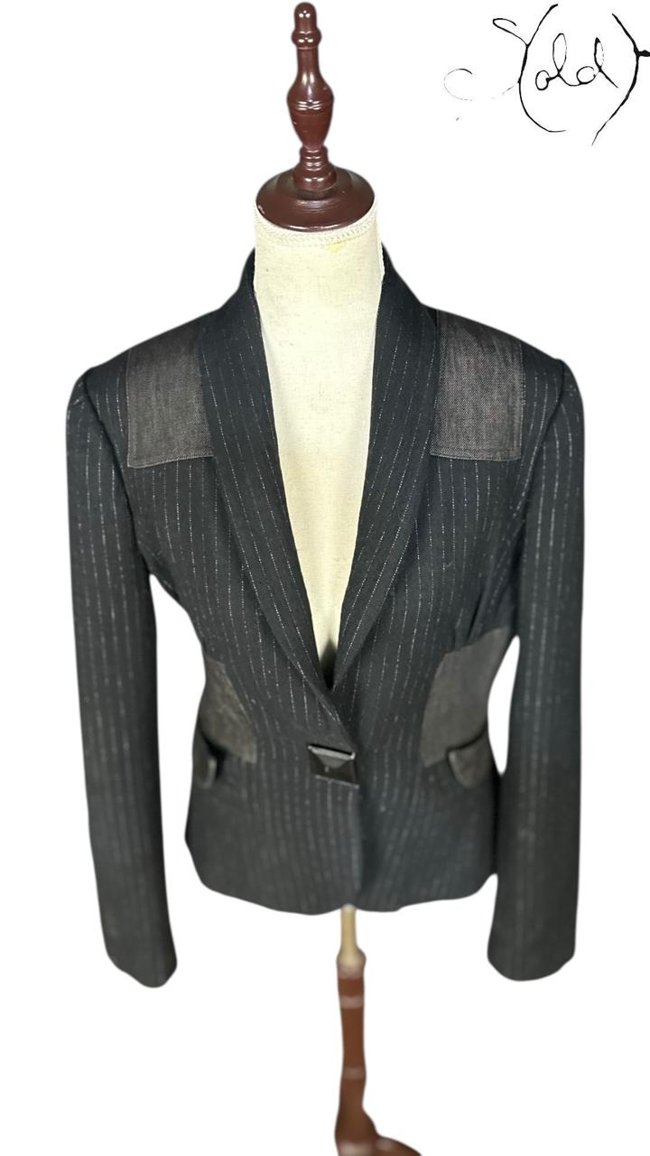 Just Cavalli Pinstripe Blazer Leather Trim Black 2010s Size 42, Hardware detail | Sold Attire