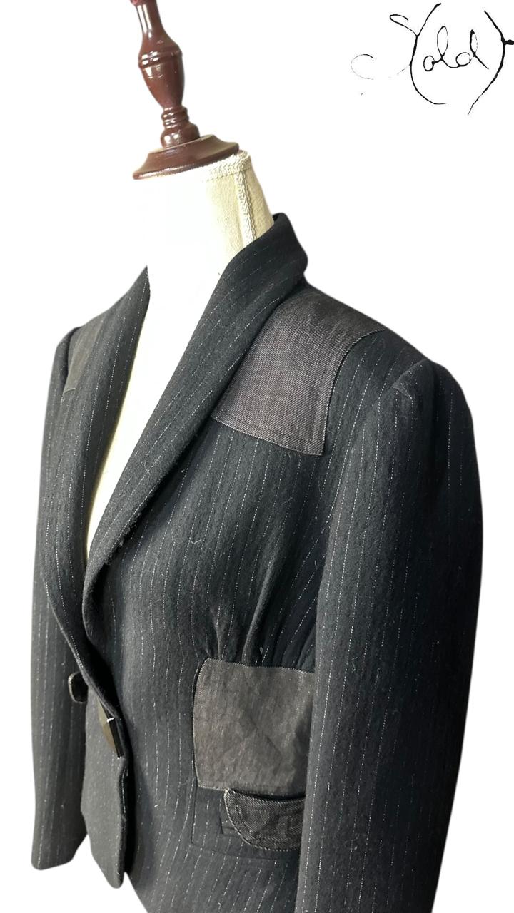 Just Cavalli Pinstripe Blazer Leather Trim Black 2010s Size 42, Back view | Sold Attire