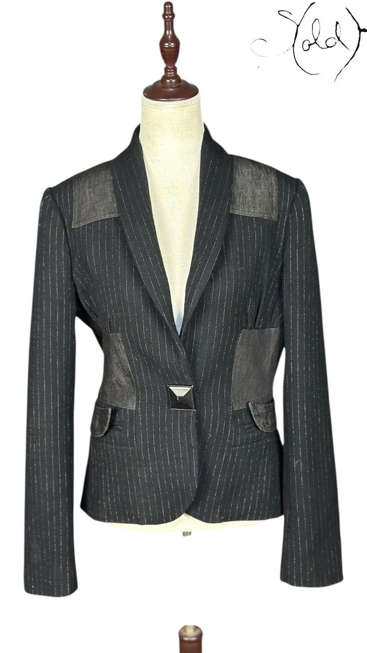 Just Cavalli Pinstripe Blazer Leather Trim Black 2010s Size 42, Detail view | Sold Attire