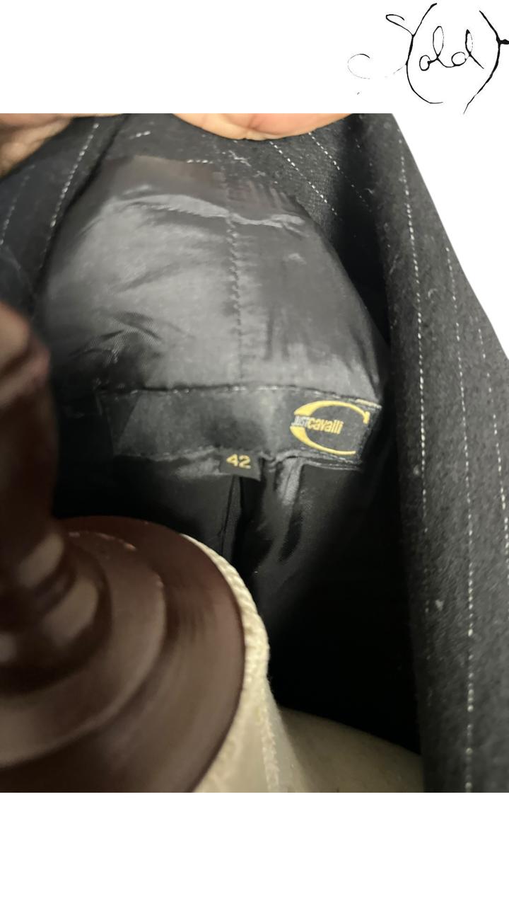 Just Cavalli Pinstripe Blazer Leather Trim Black 2010s Size 42, Base view | Sold Attire