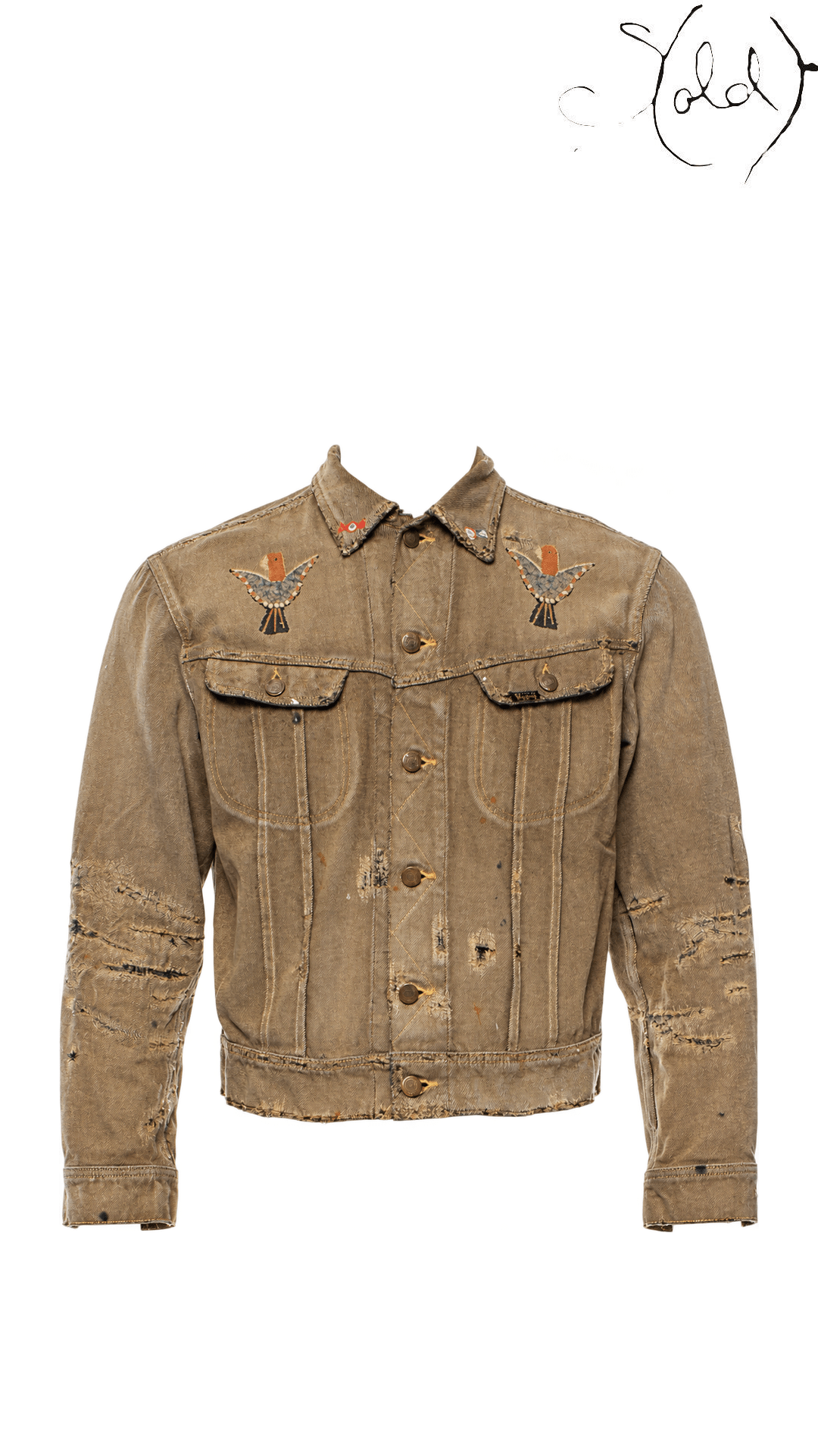 KAPITAL Ochre Embroidered Distressed Denim Jacket 44, front whole jacket