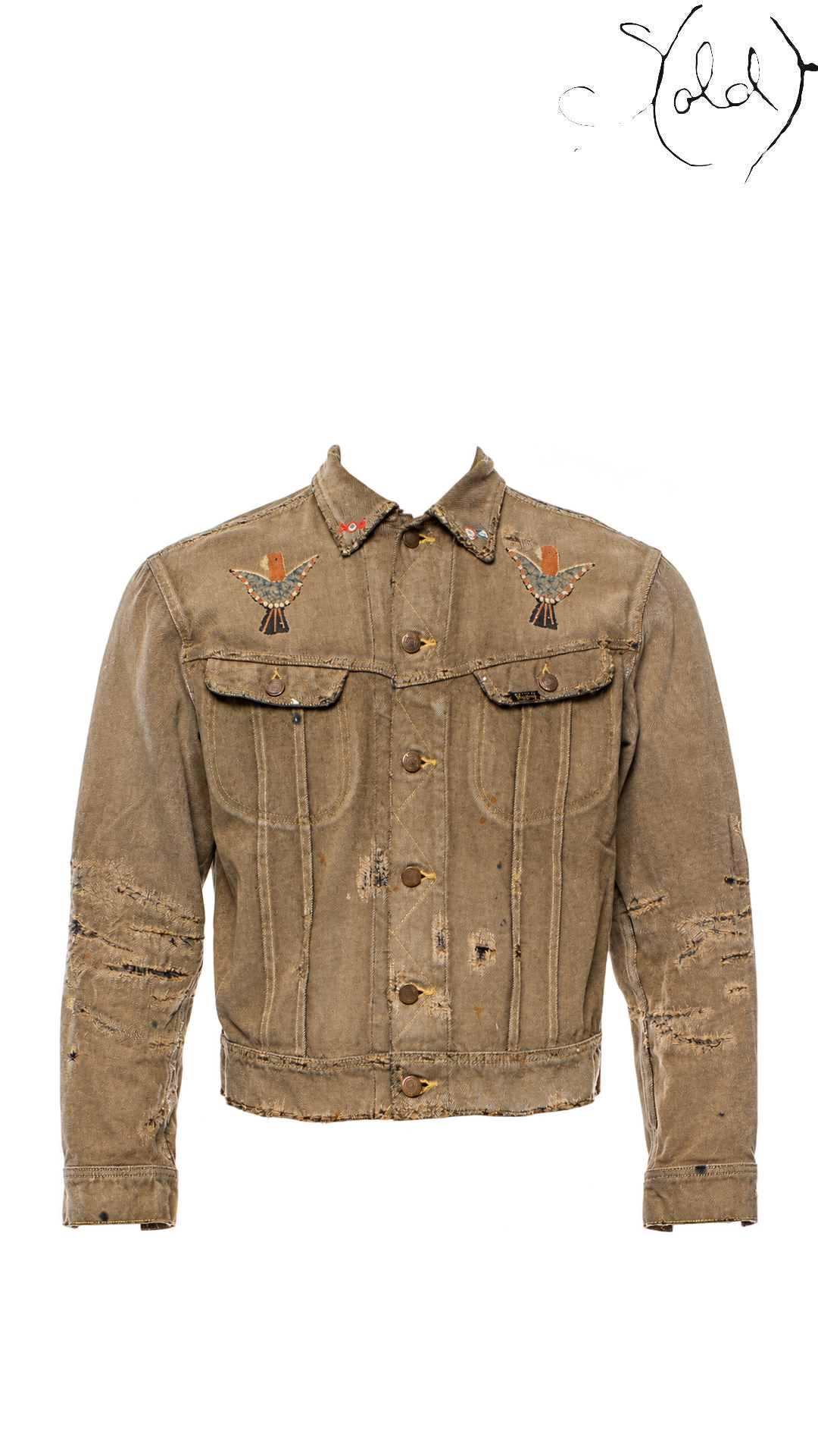 KAPITAL Ochre Embroidered Distressed Denim Jacket 44, front whole jacket