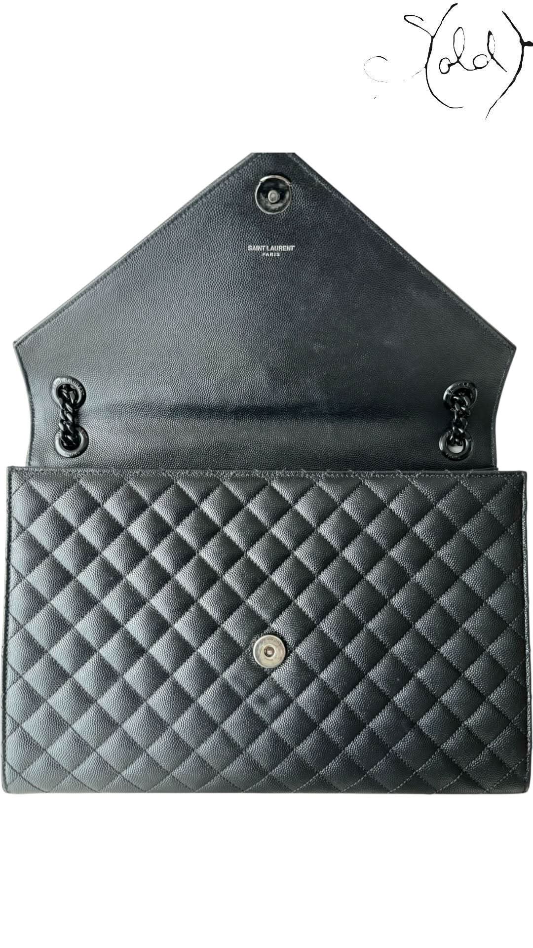 Large Saint Laurent Black Grained Leather Envelope Bag | Sold Attire - Sold Attire