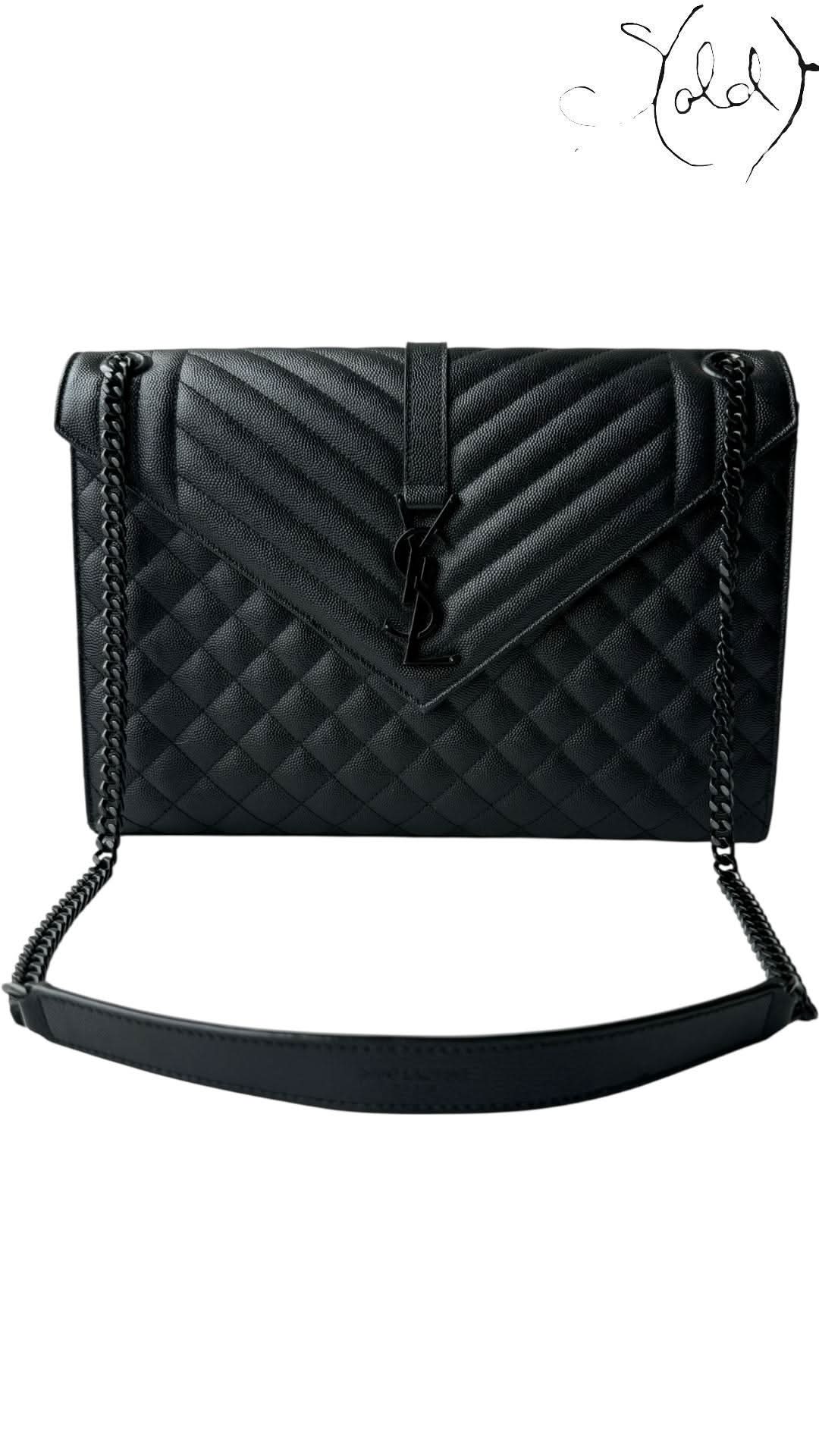 Large Saint Laurent Black Grained Leather Envelope Bag | Sold Attire - Sold Attire