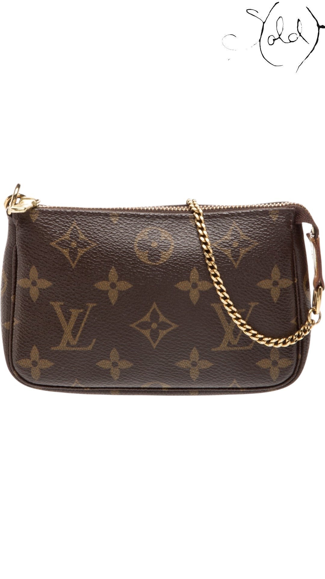 Sold Attire Louis Vuitton Monogram Mini Pochette Accessoires in brown coated canvas with brass chain handle