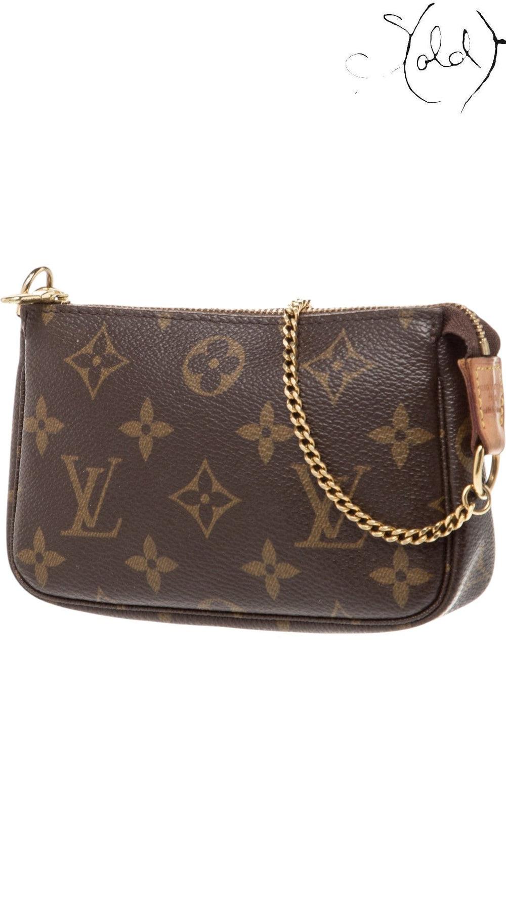 Sold Attire Louis Vuitton Monogram Mini Pochette Accessoires in brown coated canvas with brass chain-link handle.