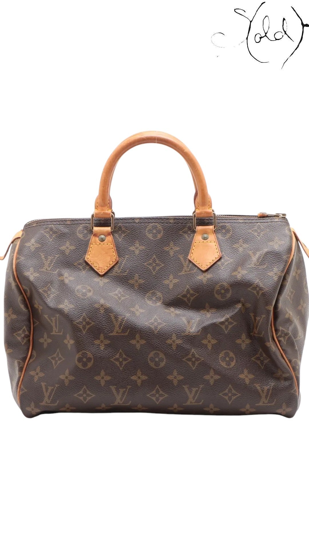 Sold Attire vintage Louis Vuitton Speedy 30 in brown Monogram coated canvas with honey patina vachetta leather handles.