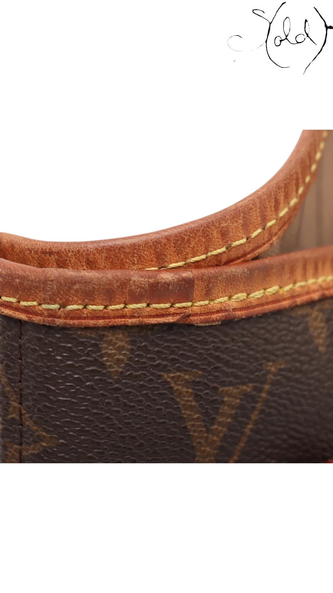 Sold Attire brown Louis Vuitton Monogram Neverfull MM tote bag with vachetta leather trim and yellow stitching.