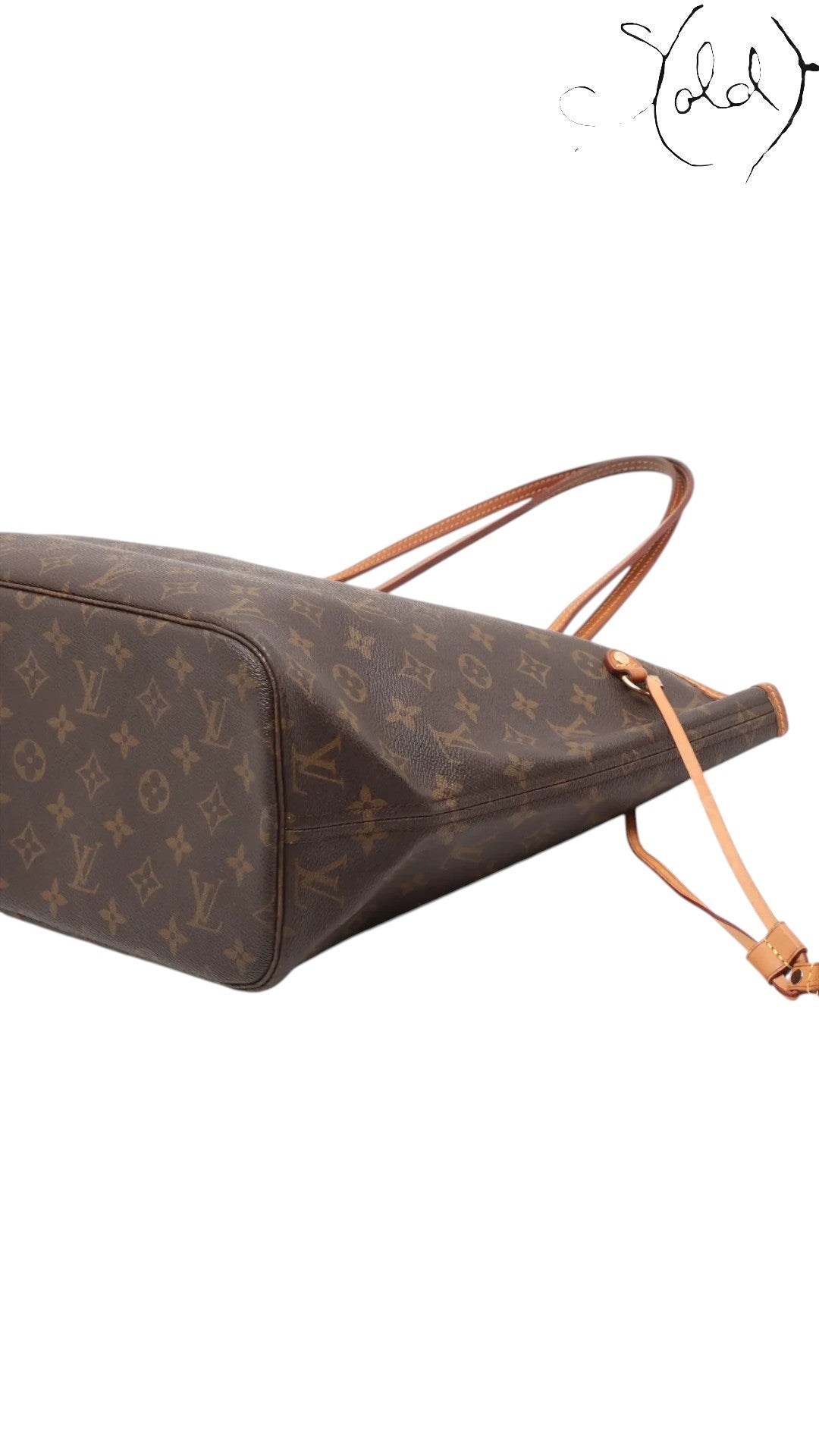 Sold Attire brown Louis Vuitton Monogram Neverfull MM tote bag in coated canvas with vachetta leather trim and gold-tone hardware.