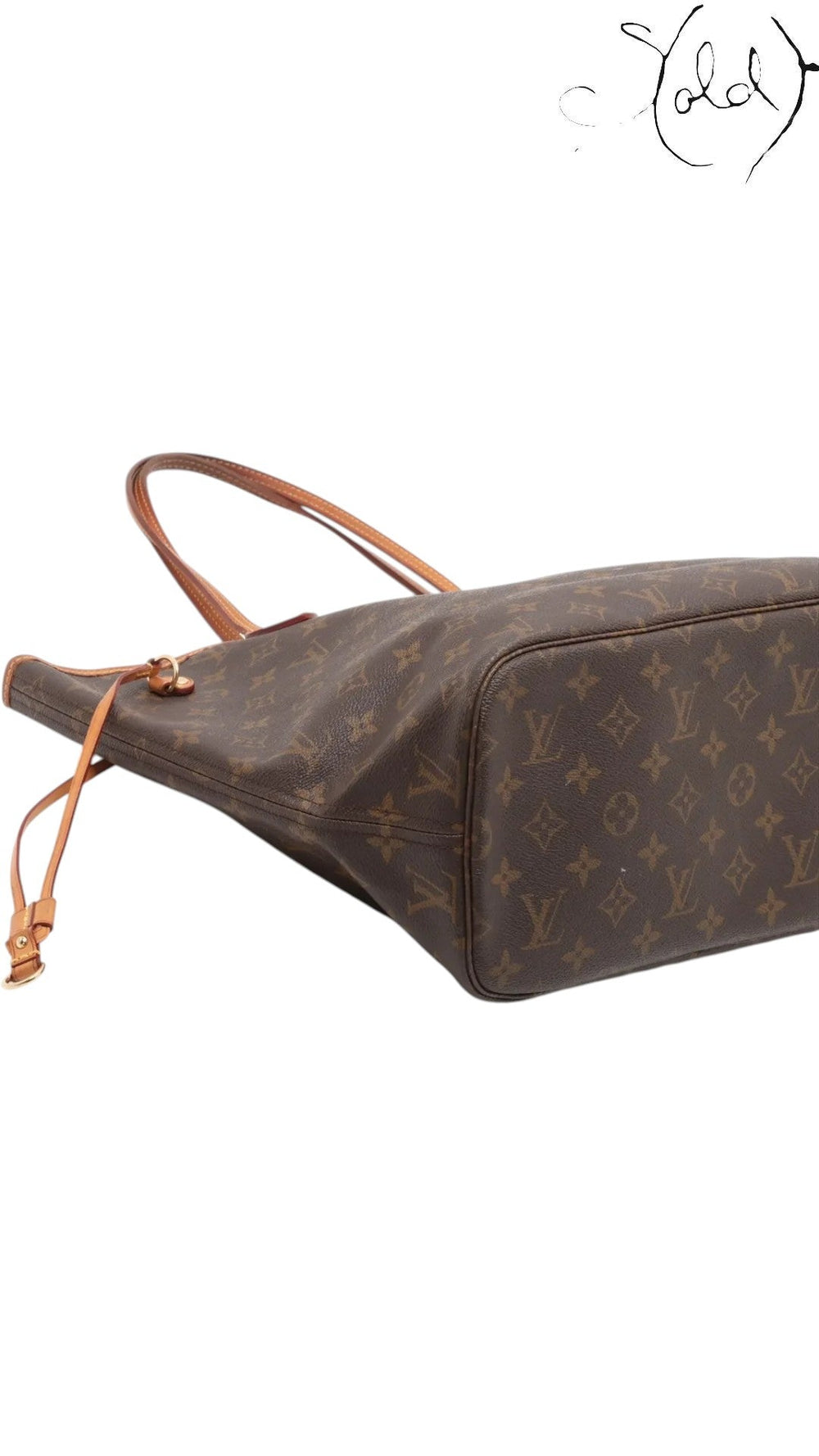 Sold Attire brown Louis Vuitton Monogram Neverfull MM tote bag with vachetta leather trim and gold-tone hardware.