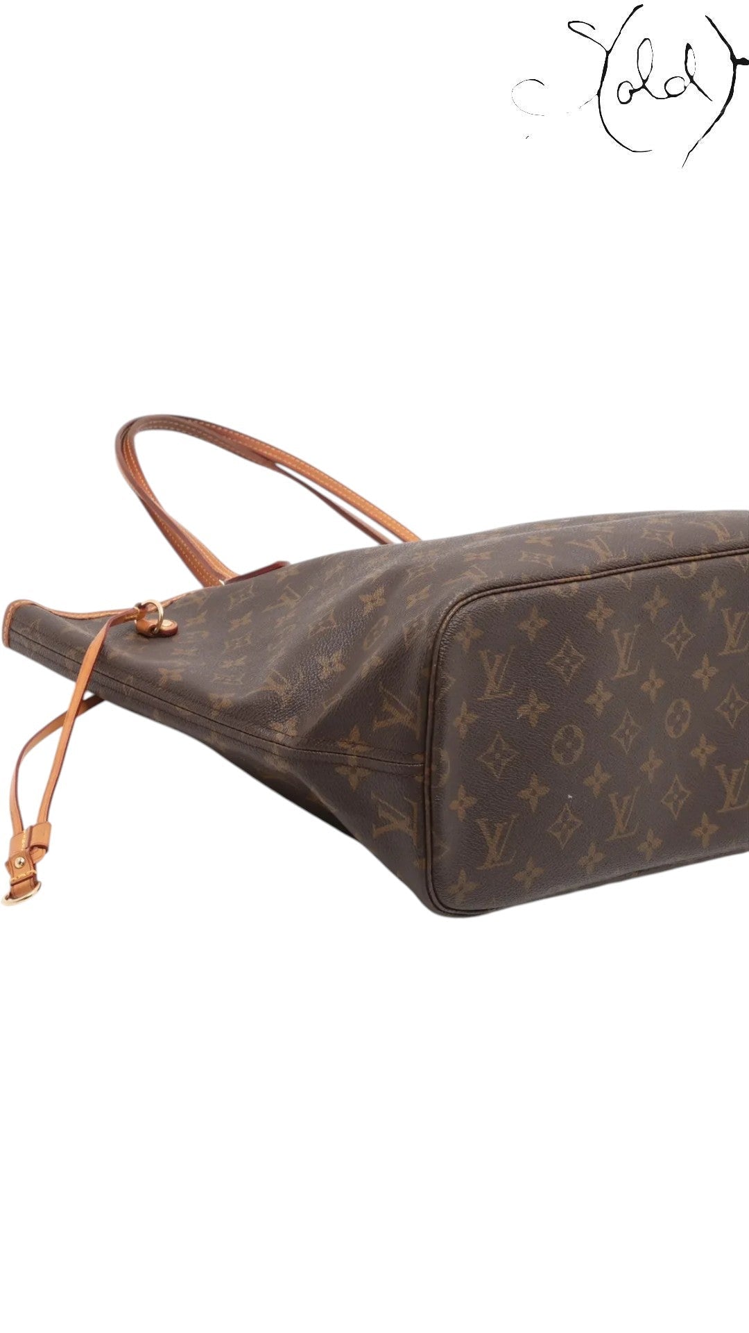 Sold Attire brown Louis Vuitton Monogram Neverfull MM tote bag with vachetta leather trim and gold-tone hardware.