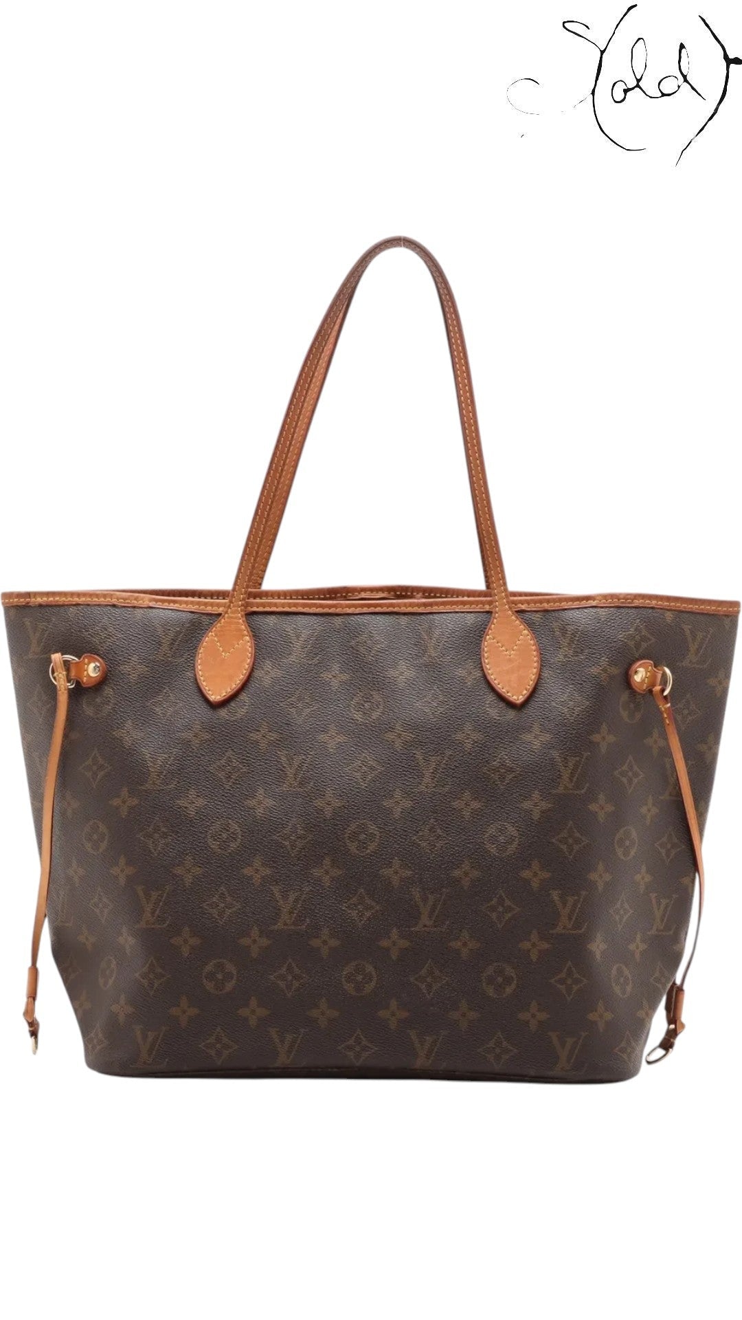 Sold Attire brown Louis Vuitton Monogram Neverfull MM tote bag in coated canvas with vachetta leather trim and gold-tone hardware.
