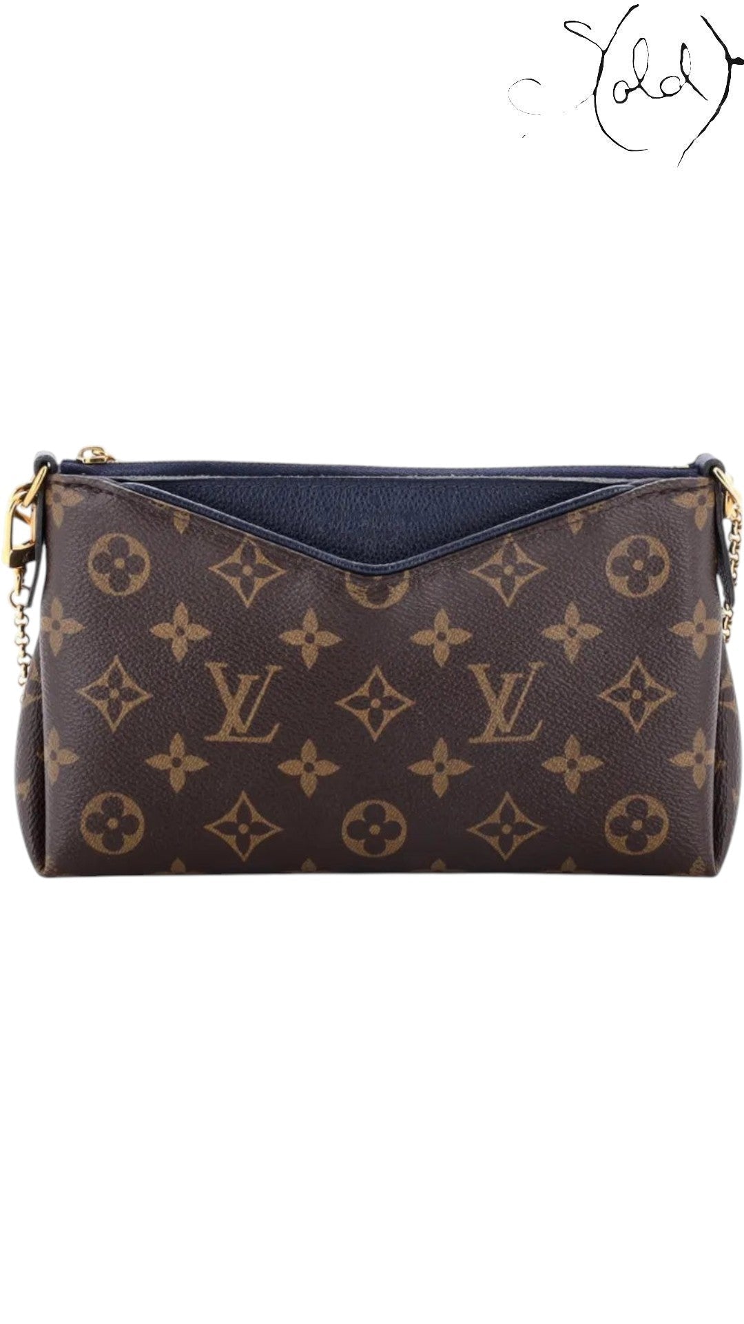 Sold Attire Louis Vuitton Pallas Clutch in brown Monogram coated canvas with Blue Marine leather trim and gold chain.