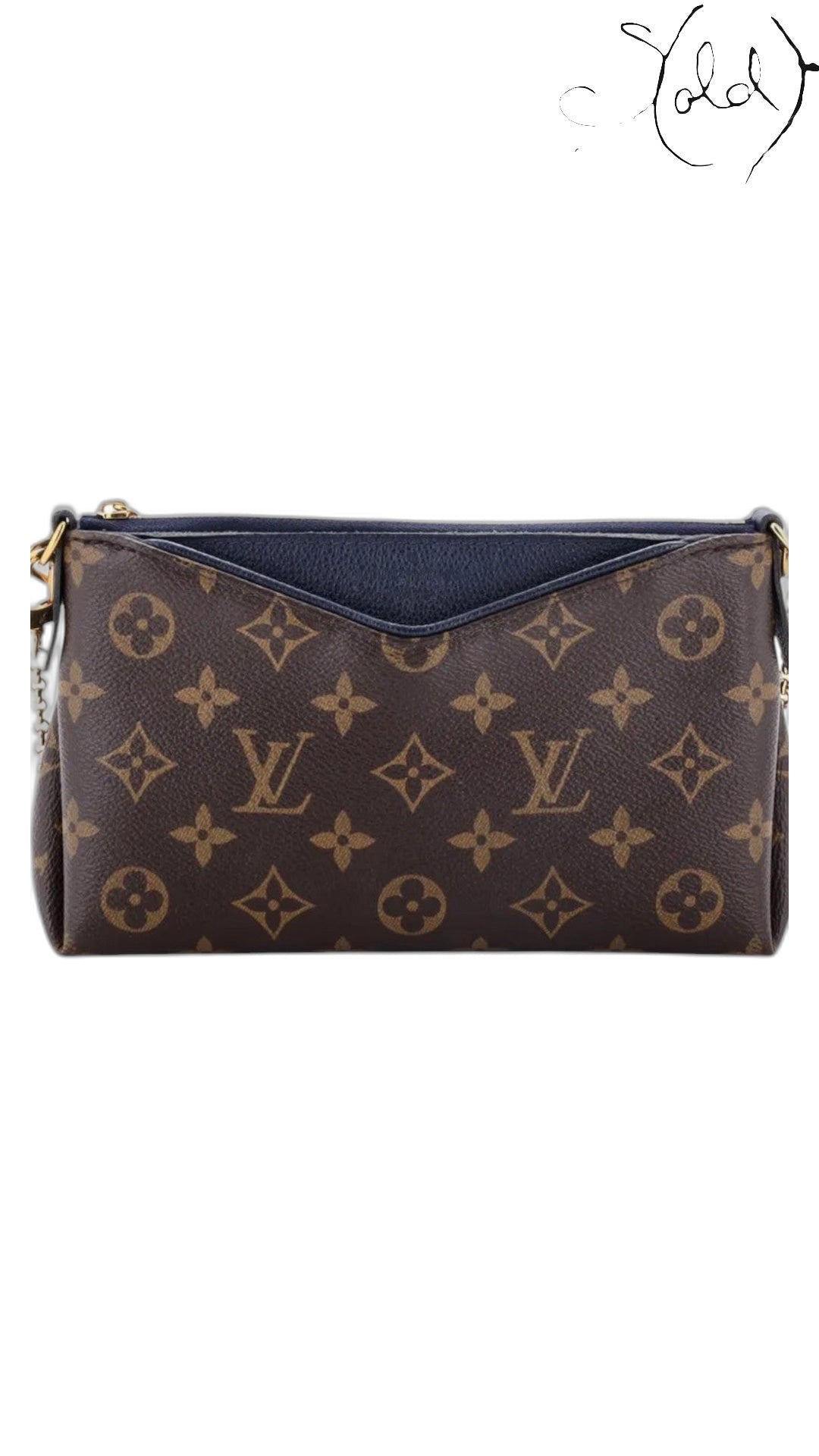 Sold Attire Louis Vuitton Pallas Clutch in brown Monogram coated canvas with Blue Marine leather trim and gold chain.