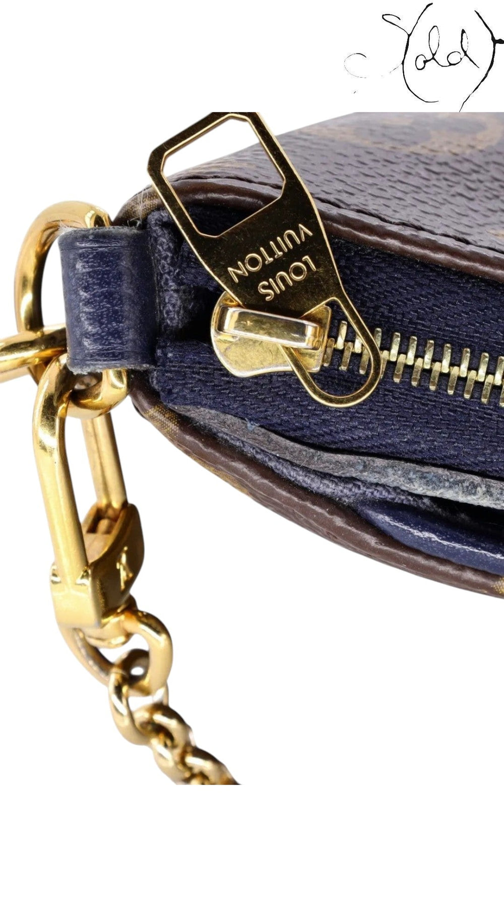 Sold Attire Louis Vuitton Pallas Clutch featuring gold-tone chain hardware, zipper pull, and Blue Marine leather trim.