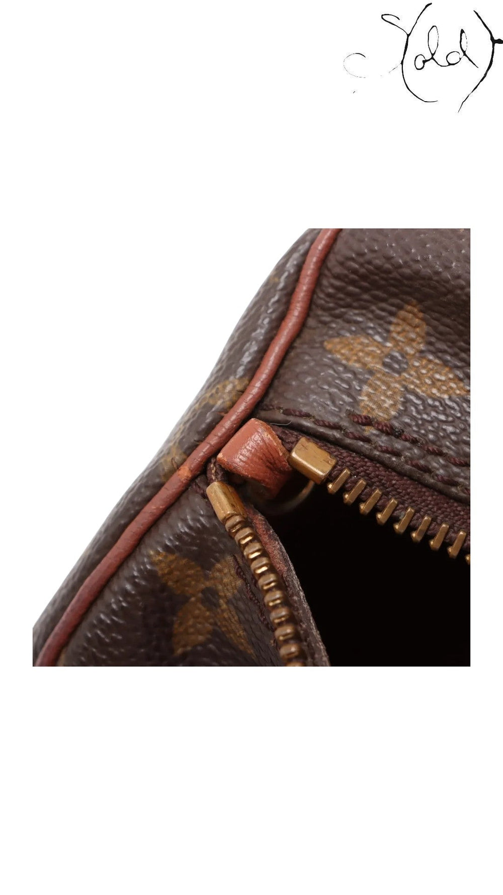Sold Attire vintage Louis Vuitton Papillon 30 bag showing brown Monogram canvas, vachetta trim, and gold-tone zipper.