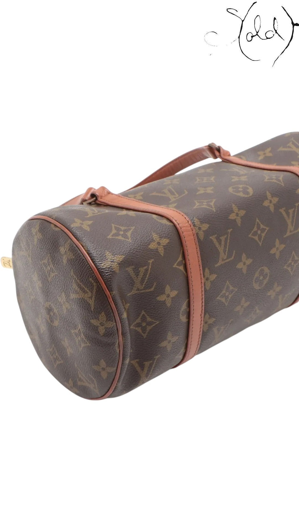 Sold Attire Louis Vuitton Monogram Papillon 30 with pouch, brown coated canvas and vachetta leather trim, cylindrical shape.