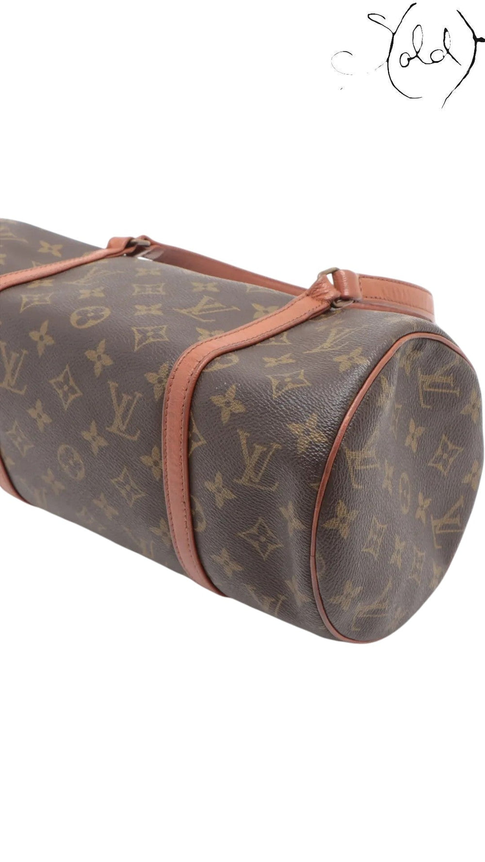 Sold Attire brown Louis Vuitton Monogram Papillon 30 cylindrical handbag with tan leather trim and brass hardware. Includes companion pouch.