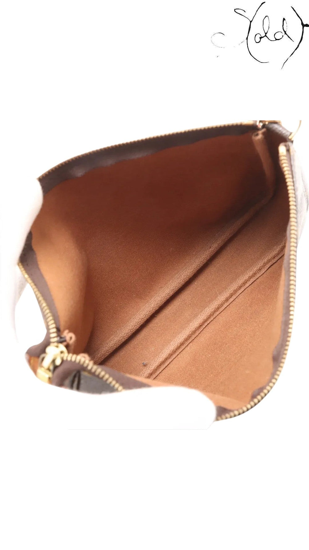 Sold Attire brown Monogram coated canvas Pochette Accessoires bag with textile lining and gold-tone zipper.