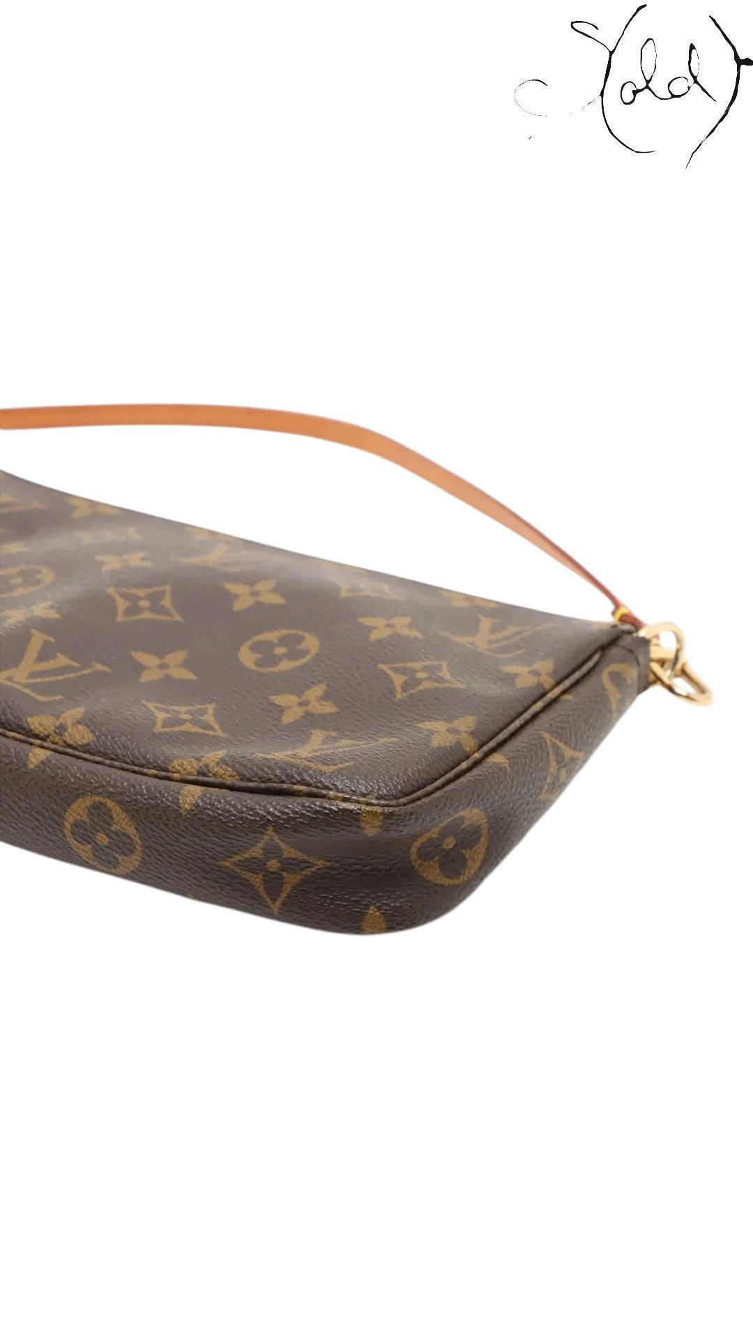 Sold Attire brown Monogram coated canvas Pochette Accessoires bag with leather strap and gold-tone hardware.