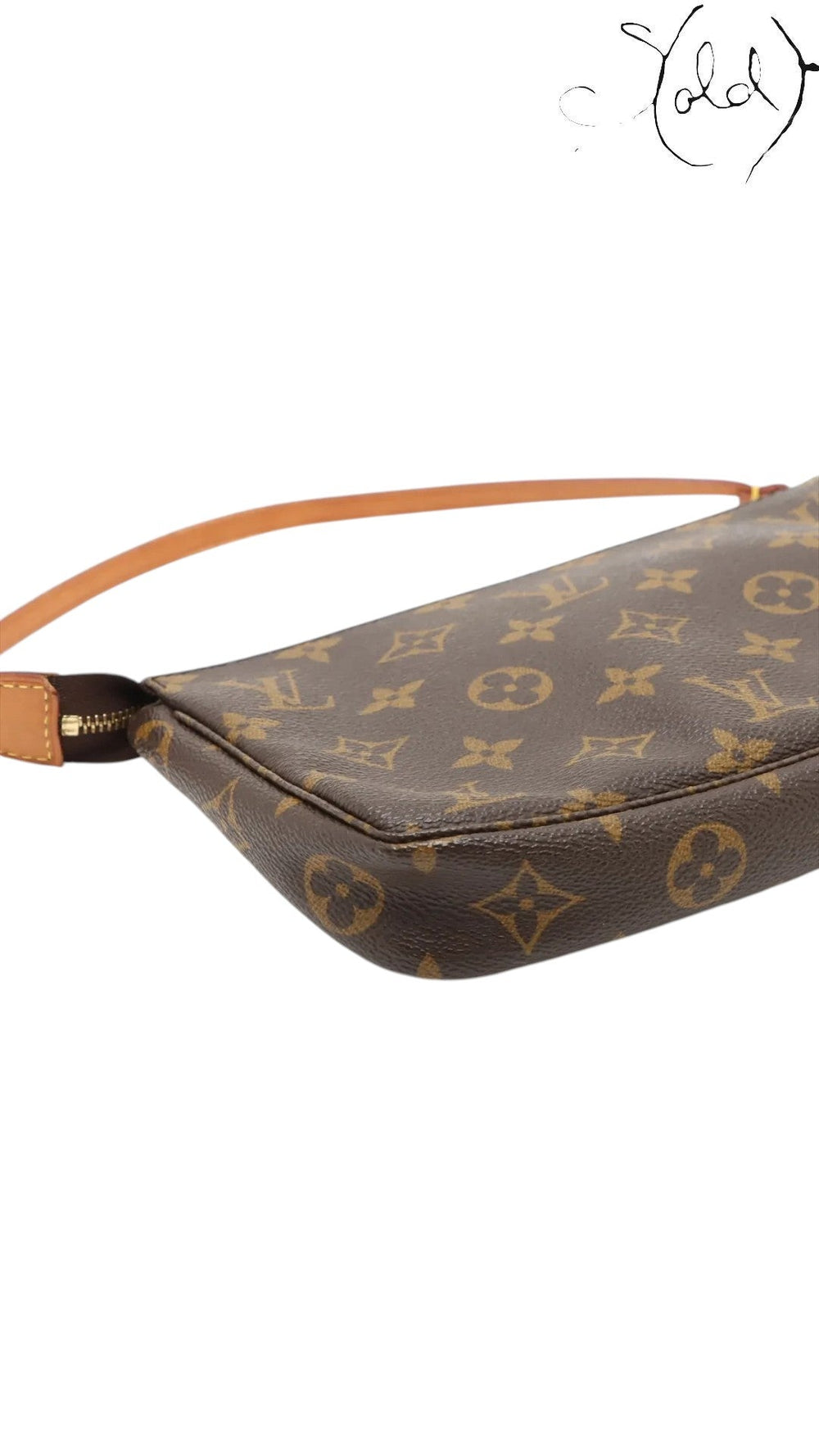 Sold Attire brown Monogram coated canvas Pochette Accessoires bag with leather strap and gold-tone hardware.
