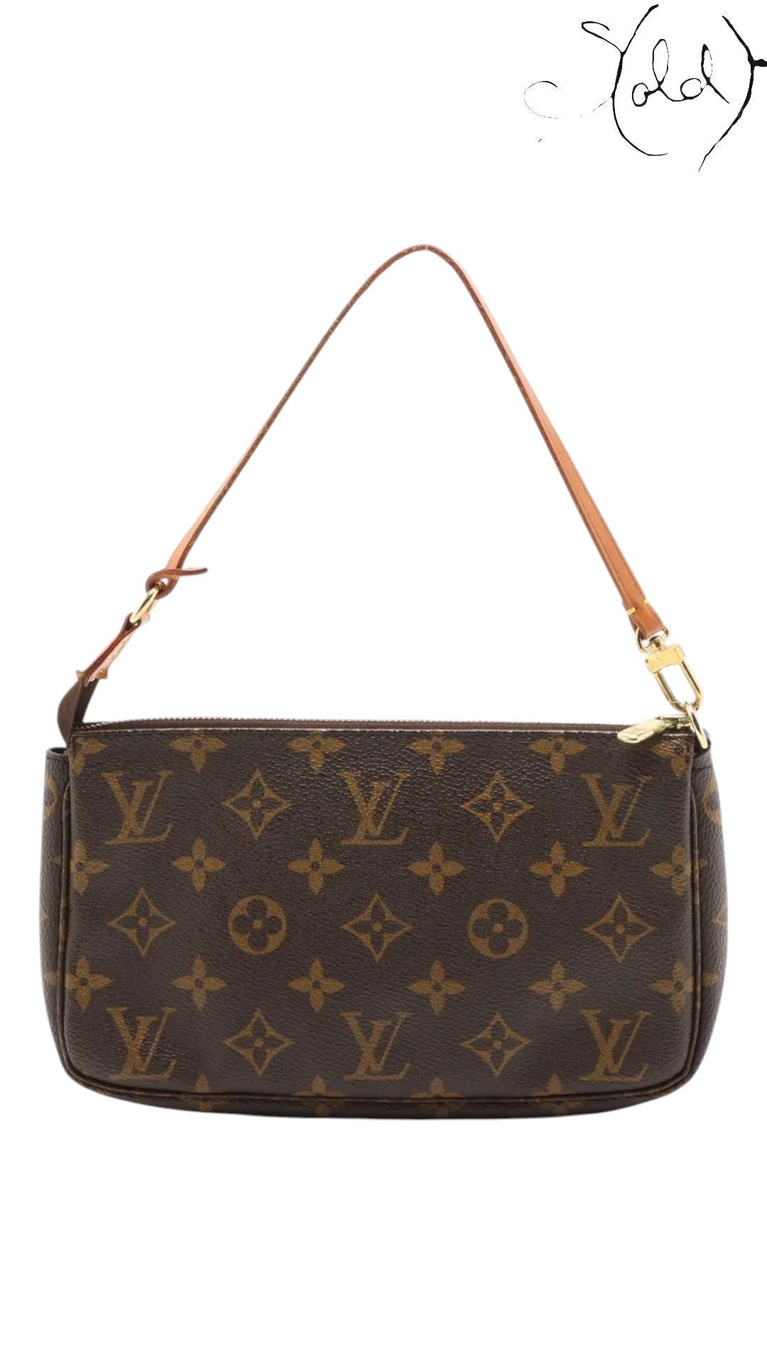 Sold Attire brown Monogram coated canvas Pochette Accessoires bag with leather strap and gold-tone hardware.