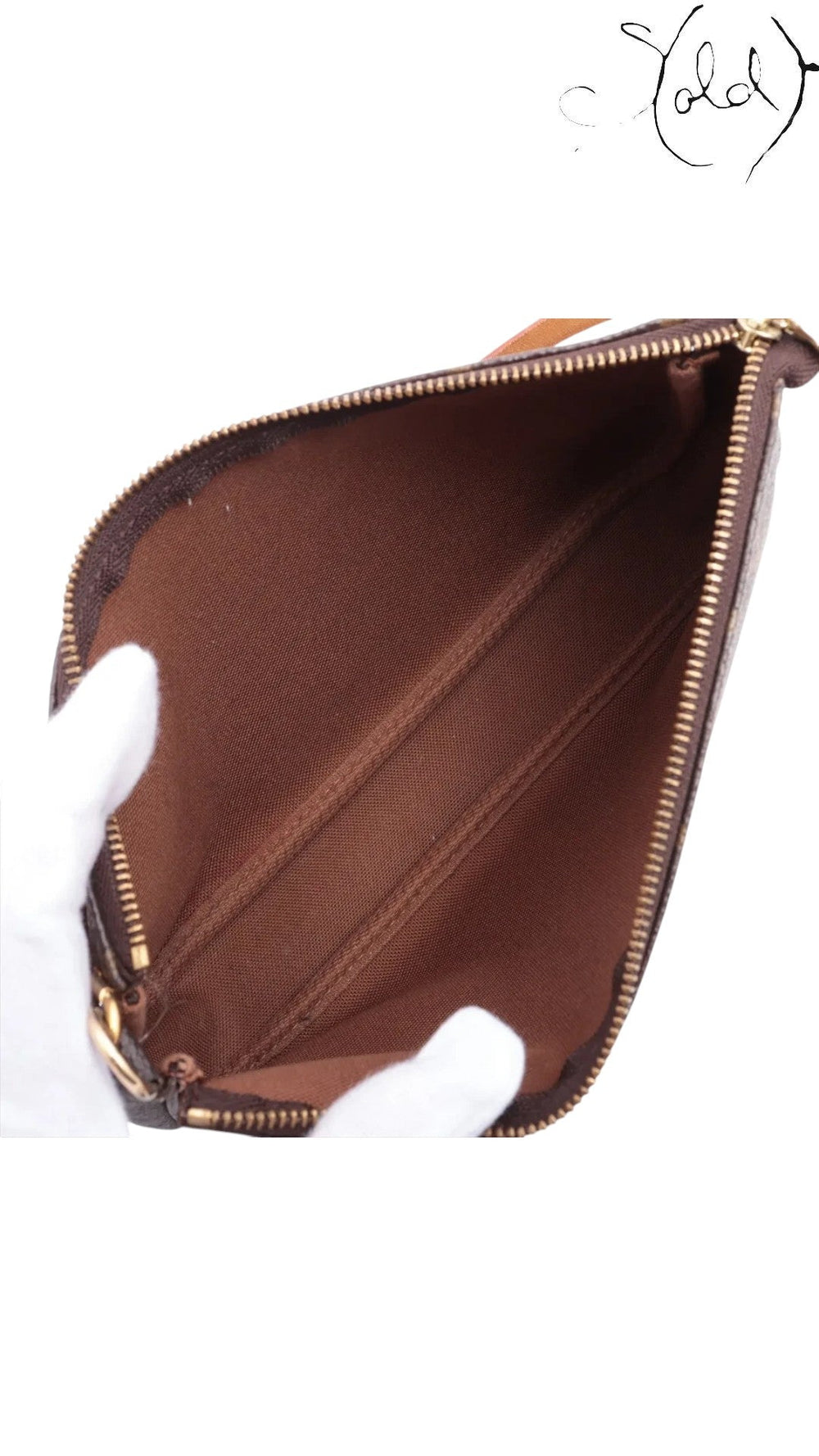 Interior view of a pre-owned Sold Attire Louis Vuitton Pochette Accessoires with brown textile lining and gold zipper