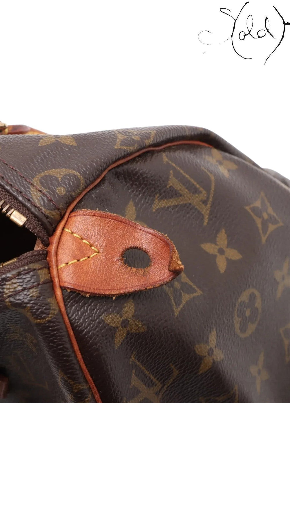 Sold Attire brown Louis Vuitton Monogram Speedy 25 coated canvas bag with vachetta leather trim and brass hardware.