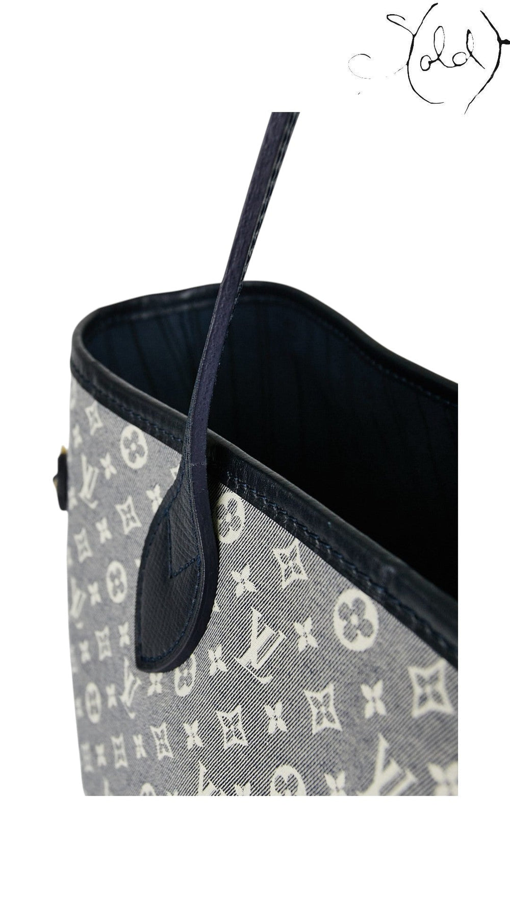 Sold Attire Louis Vuitton Neverfull MM tote in Encre Monogram Idylle canvas with dark blue calfskin leather trim.