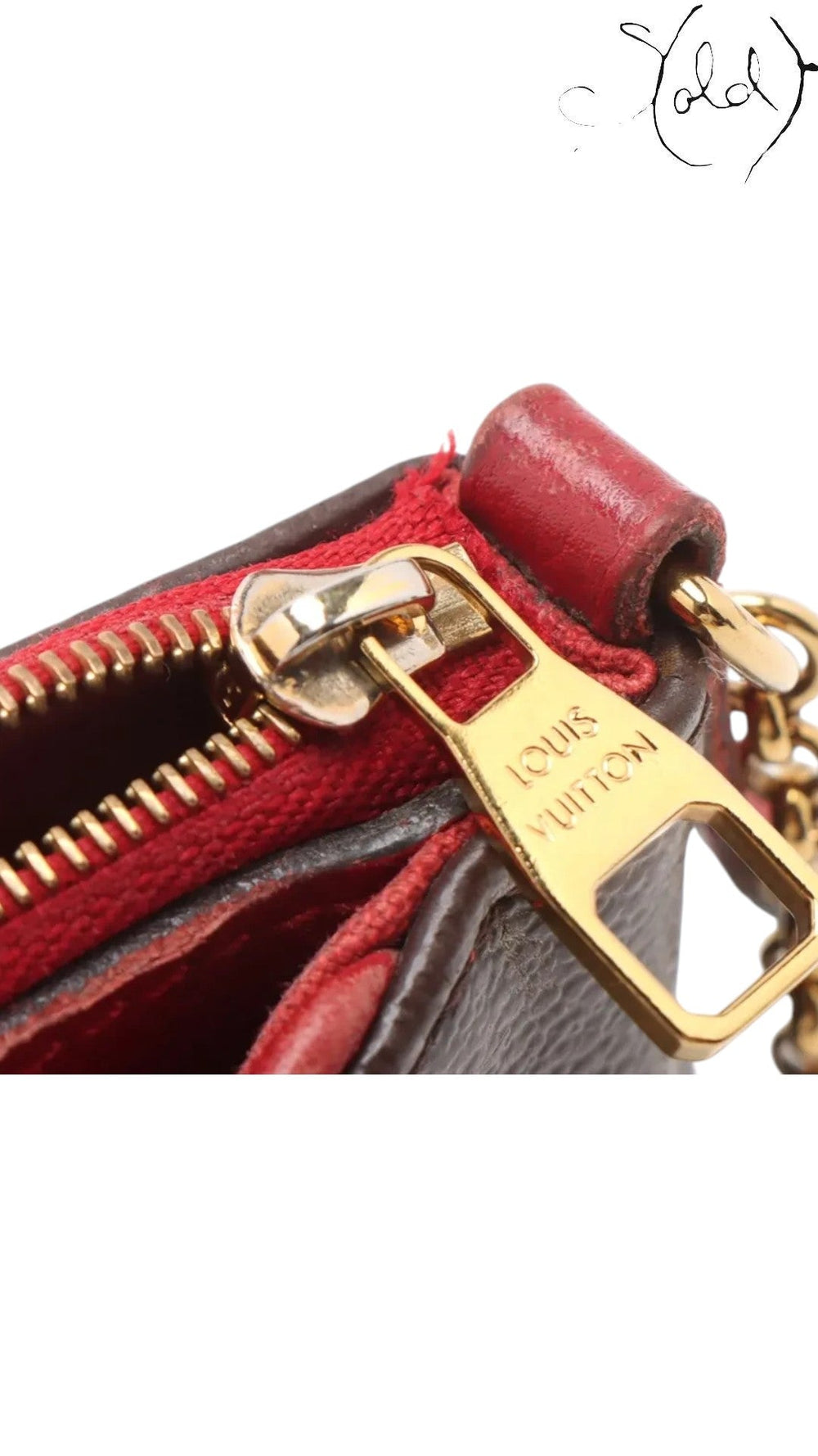 Sold Attire pre-owned Louis Vuitton Pallas Clutch featuring brown Monogram canvas, red leather trim, and gold hardware.
