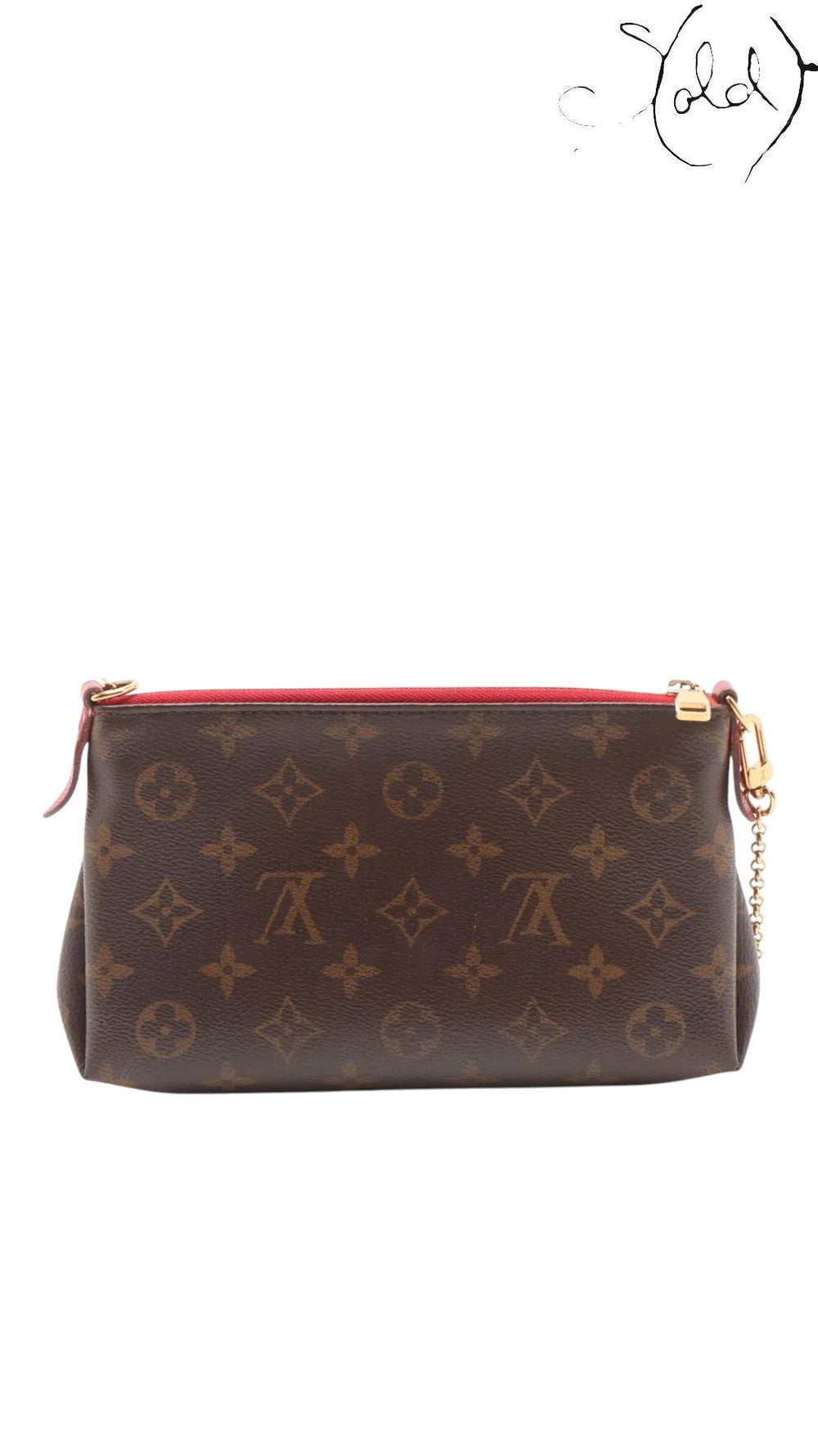 Sold Attire pre-owned Louis Vuitton Pallas Clutch in brown Monogram canvas with red leather trim and gold hardware.