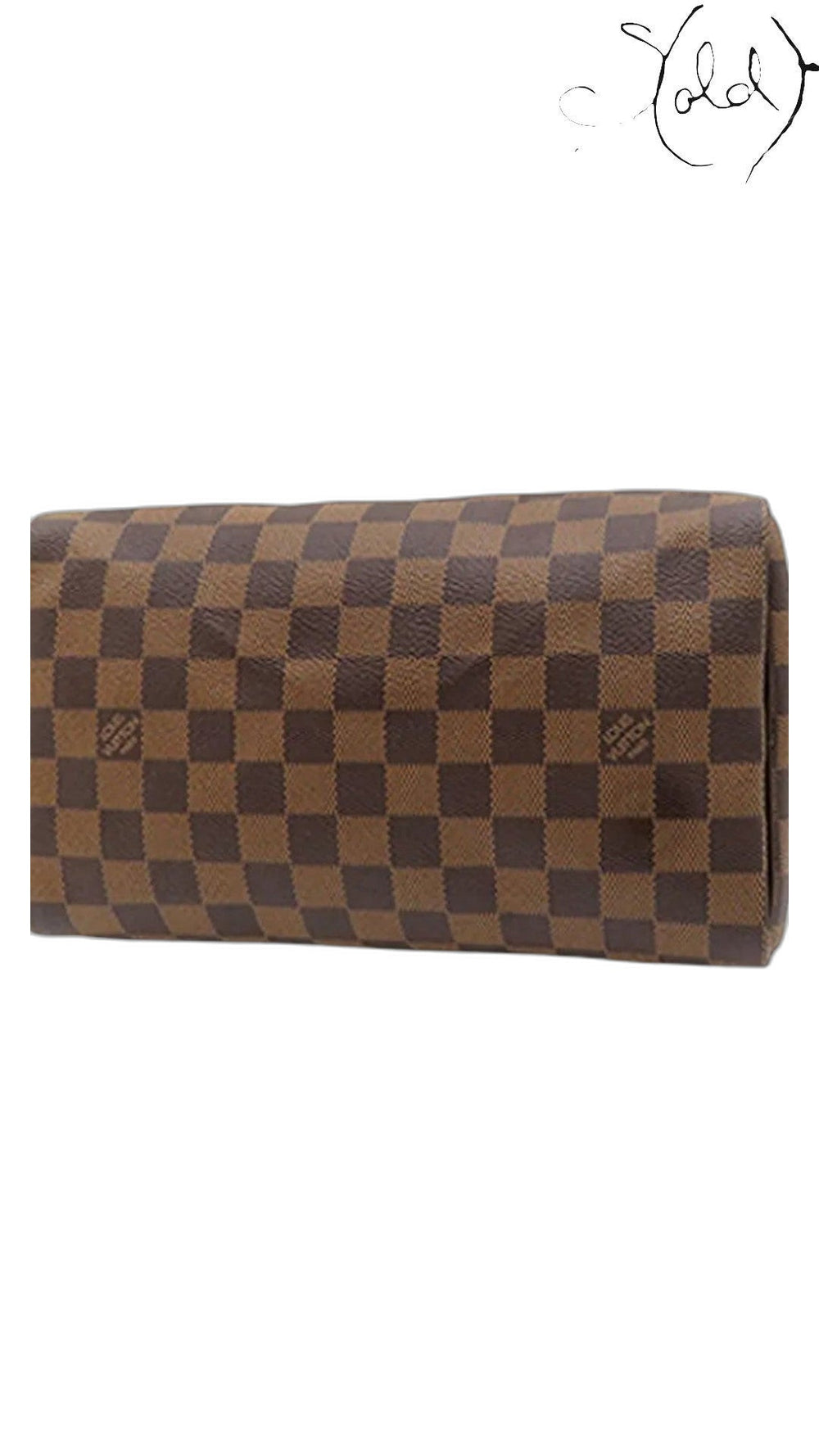 Sold Attire Louis Vuitton Speedy 25 handbag in brown Damier Ebene coated canvas with a classic checkerboard pattern.