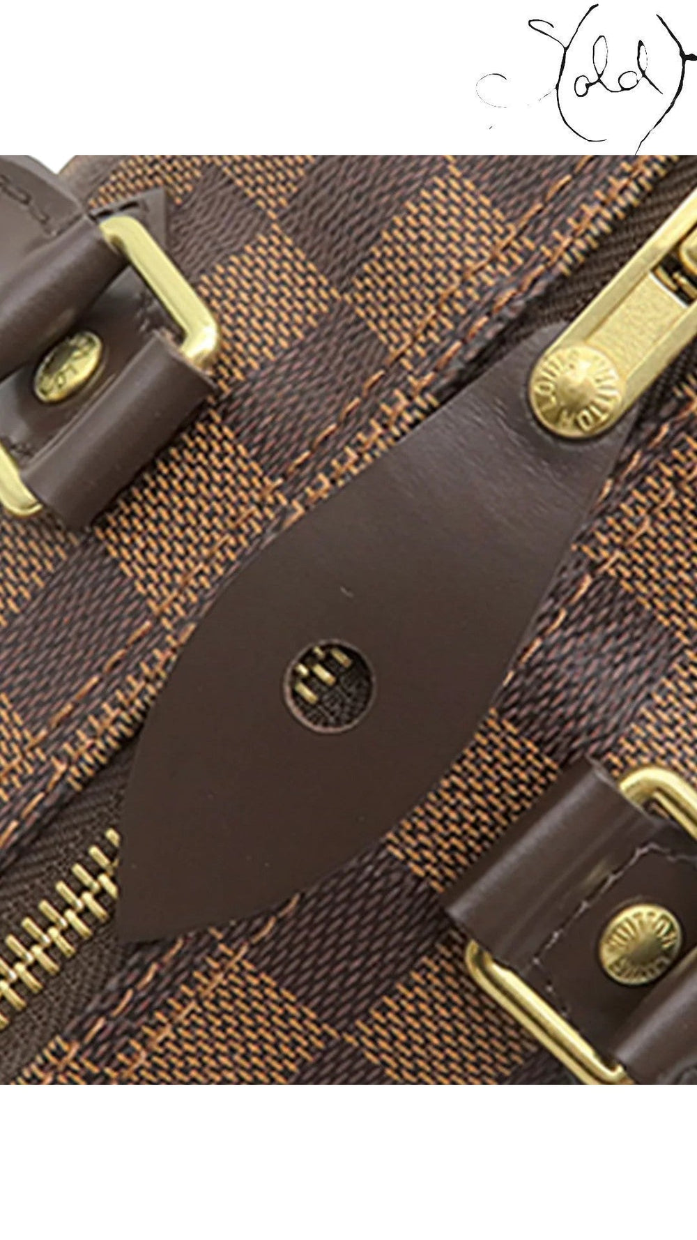 Sold Attire Louis Vuitton Speedy 25 bag featuring brown Damier Ebene coated canvas, leather trim, and brass hardware.