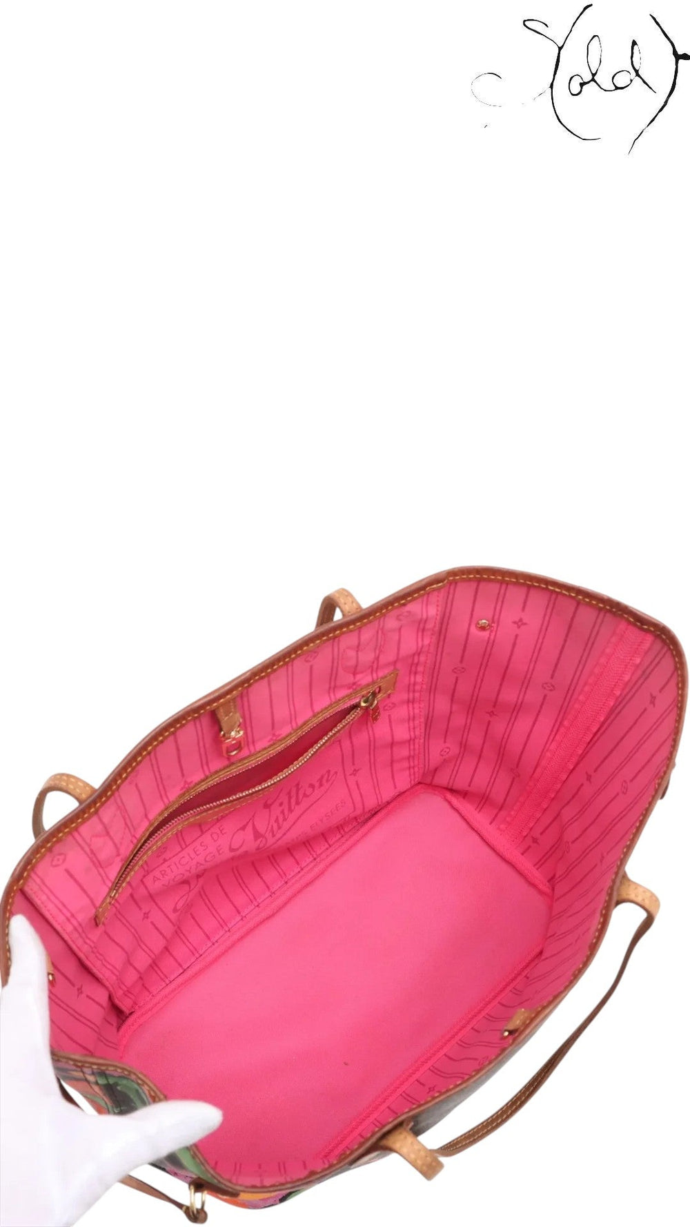 Sold Attire Louis Vuitton Stephen Sprouse Roses Neverfull MM tote bag with pink lining and leather trim.