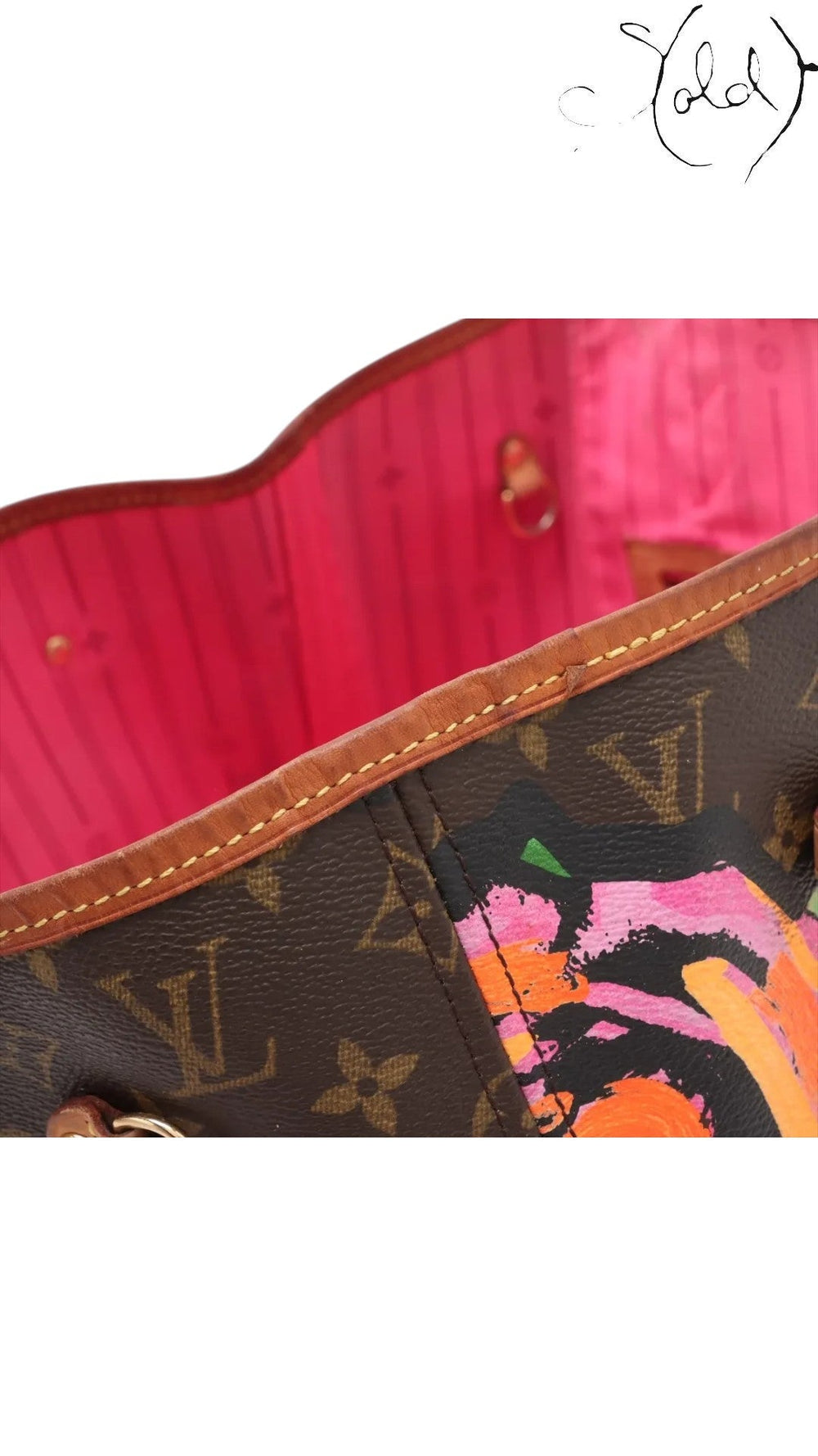 Sold Attire Louis Vuitton Stephen Sprouse Roses Neverfull MM tote bag with brown Monogram canvas, vibrant rose print, and pink lining.