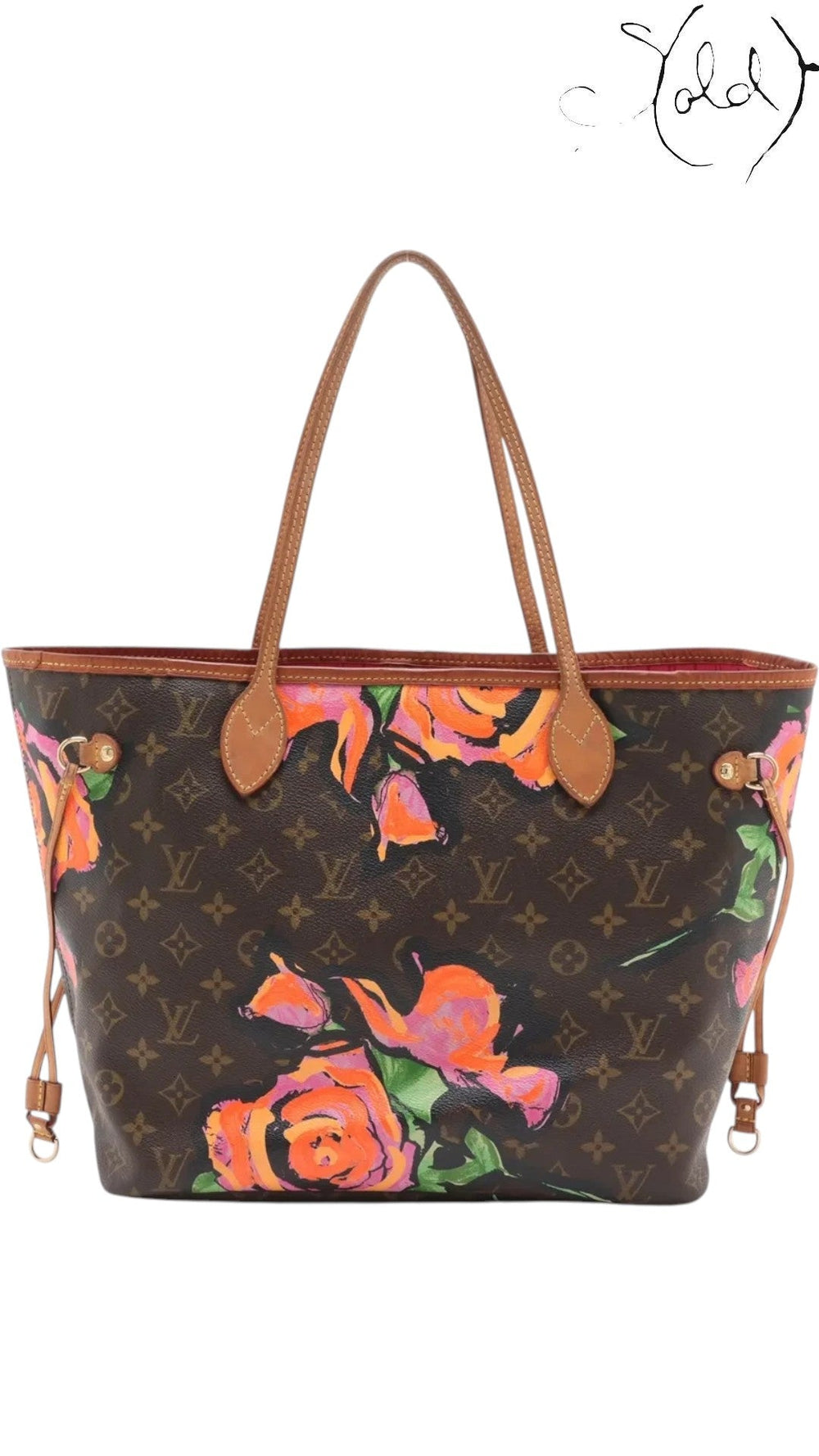 Sold Attire Louis Vuitton Stephen Sprouse Roses Neverfull MM tote bag in brown Monogram canvas with pink lining and gold hardware.