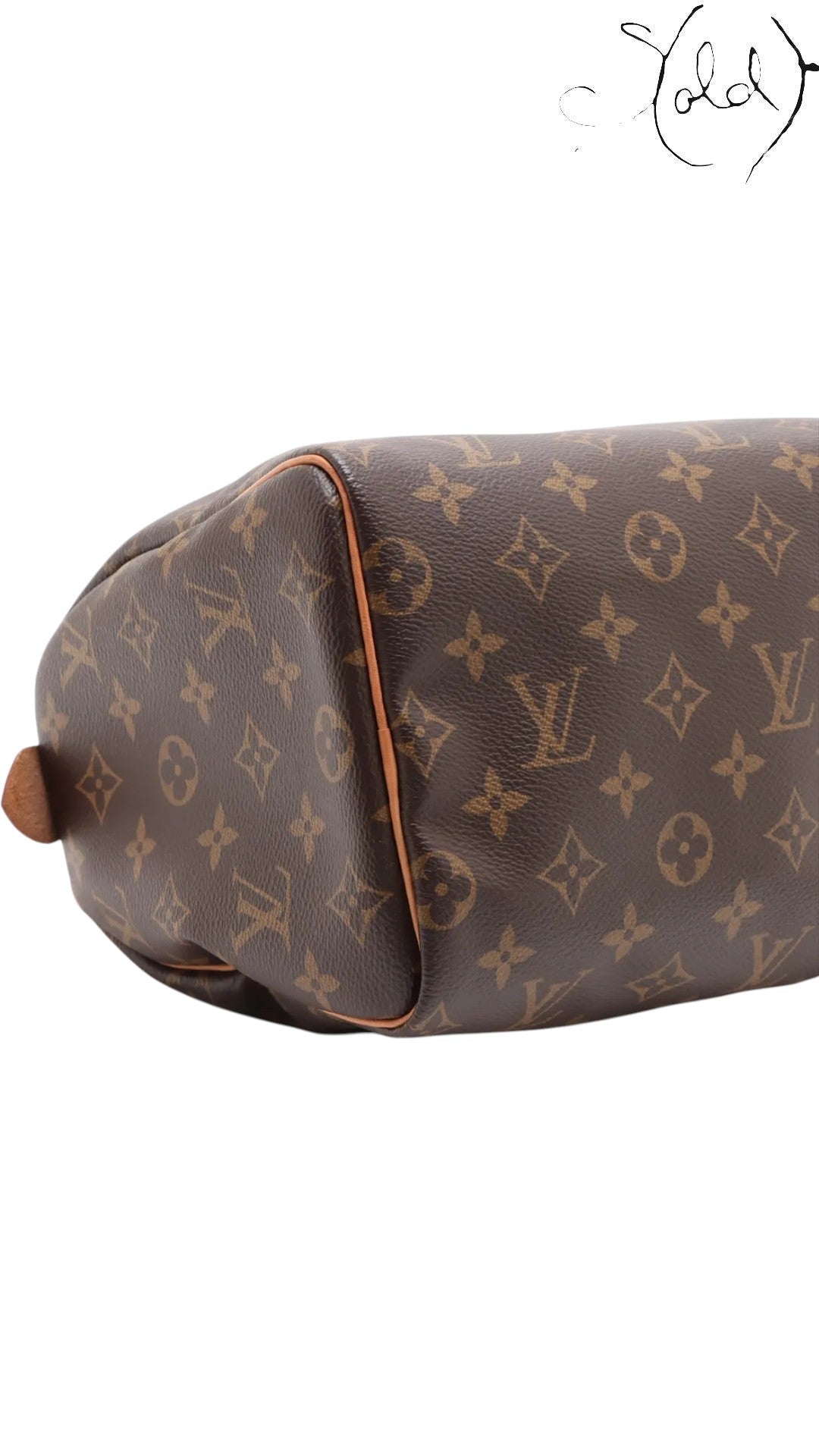 Sold Attire Louis Vuitton Speedy 25 Monogram Canvas brown leather trim handbag with gold-tone hardware.