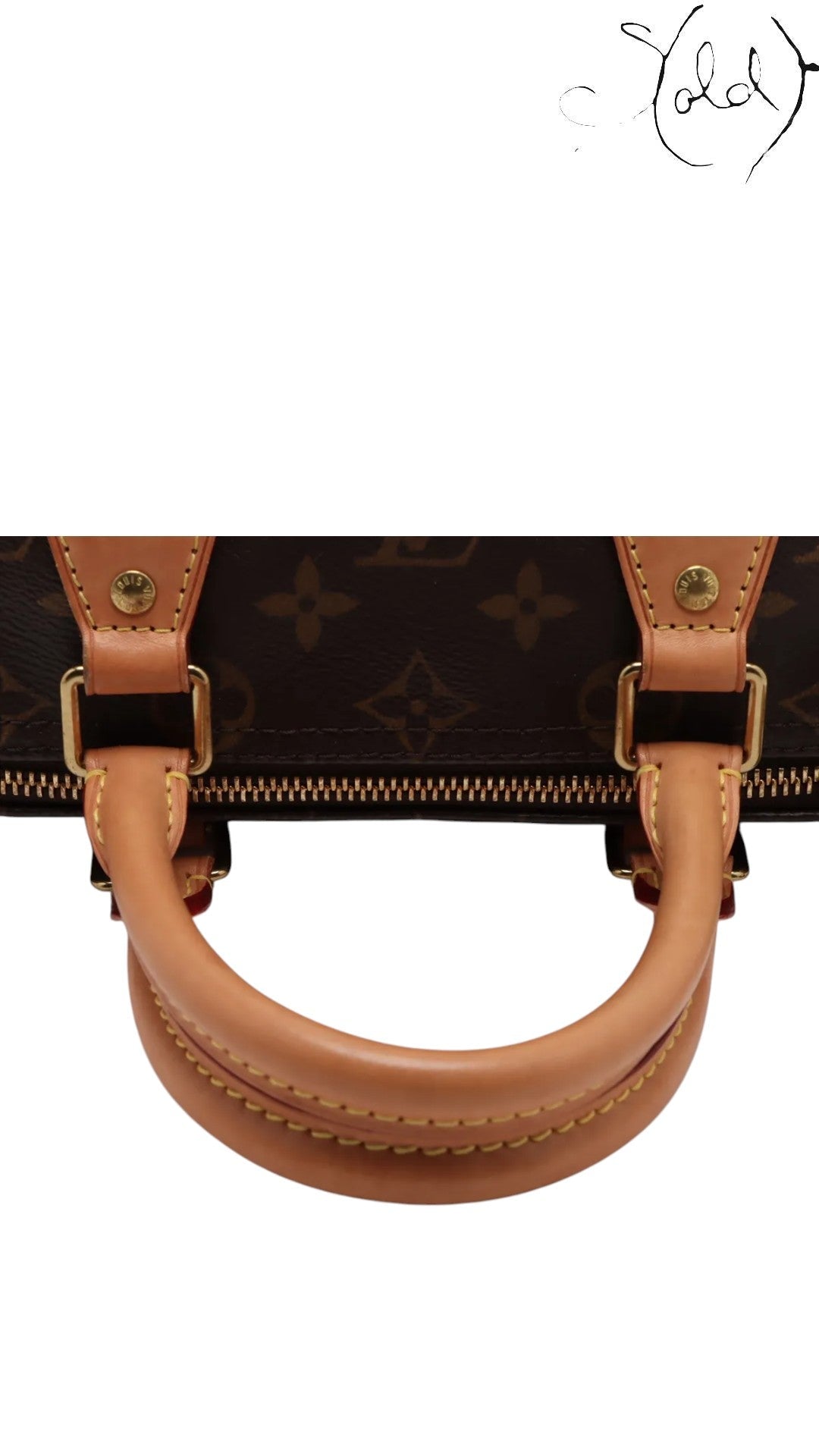 Sold Attire Louis Vuitton Speedy 25 monogram canvas handbag with tan leather trim and gold hardware.