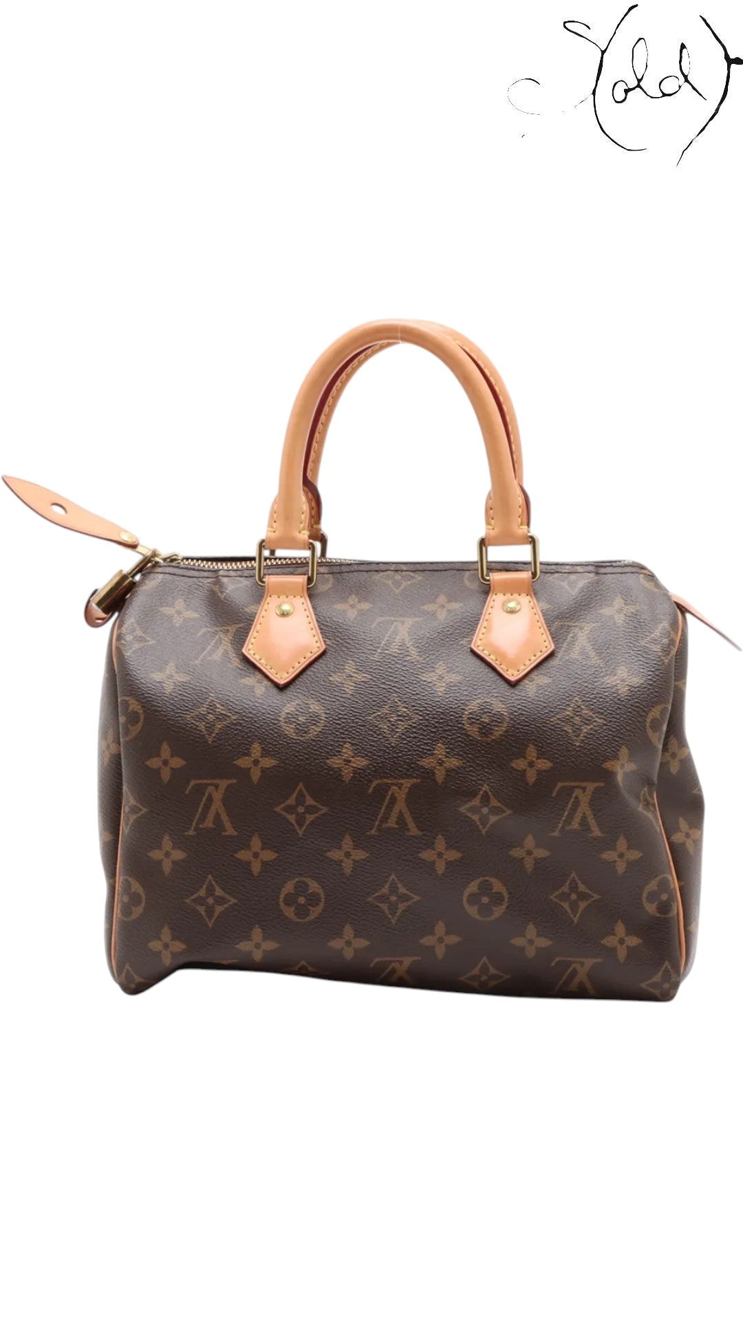 Sold Attire brown Louis Vuitton Speedy 25 monogram canvas handbag with natural vachetta leather trim and gold-tone hardware.