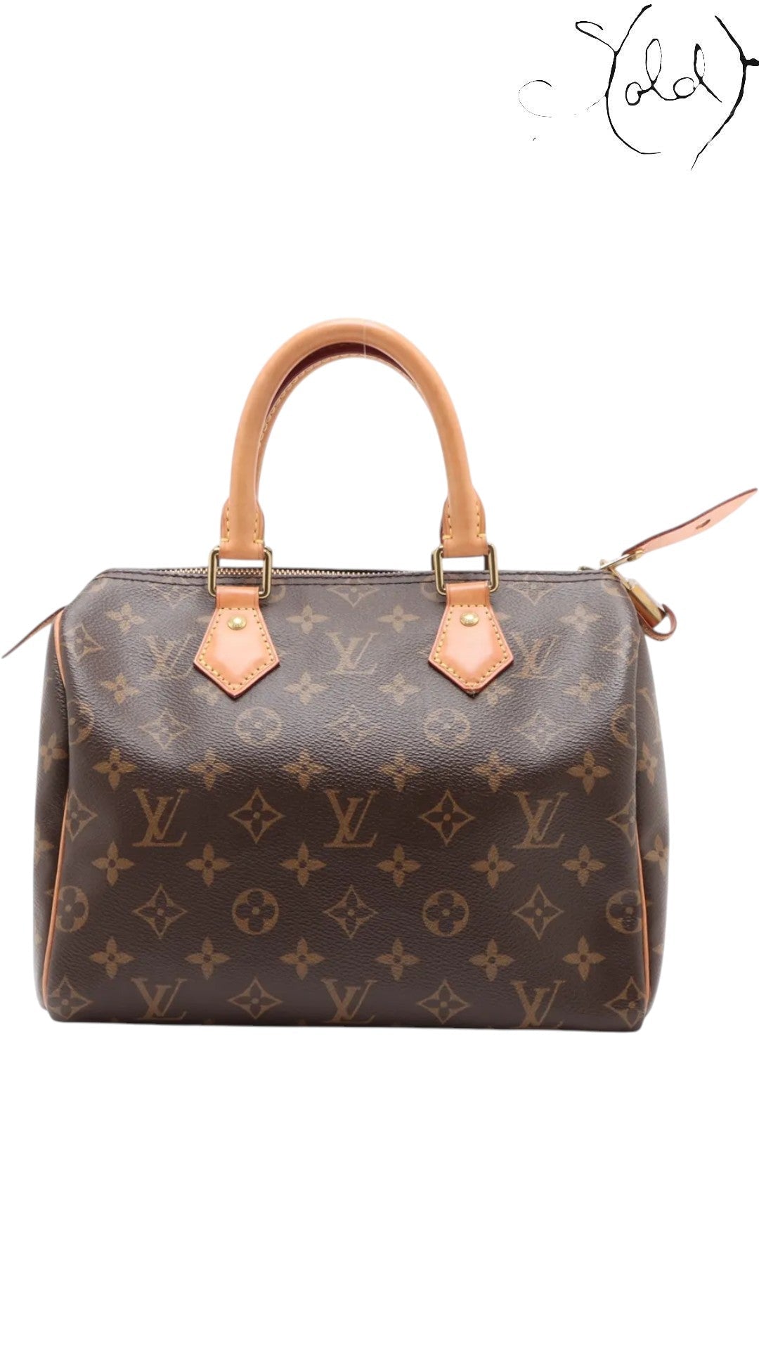 Sold Attire brown Louis Vuitton Speedy 25 monogram canvas handbag with natural vachetta leather trim and gold-tone hardware.