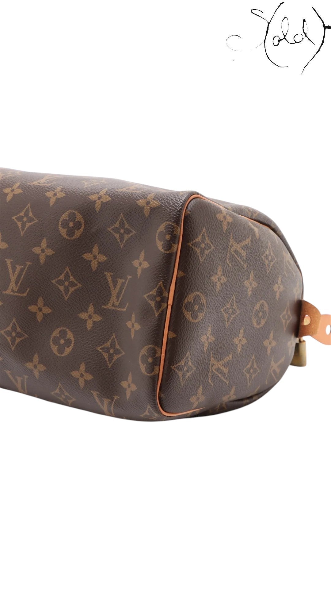 Sold Attire Louis Vuitton Speedy 25 Monogram Canvas handbag with brown textile lining and gold-tone hardware.