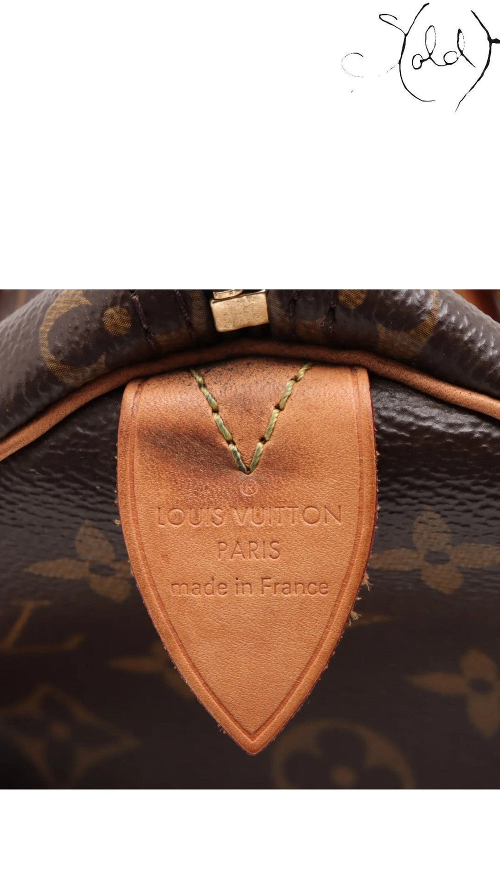 Sold Attire Louis Vuitton Speedy 25 Monogram Canvas bag with leather trim and gold-tone hardware.