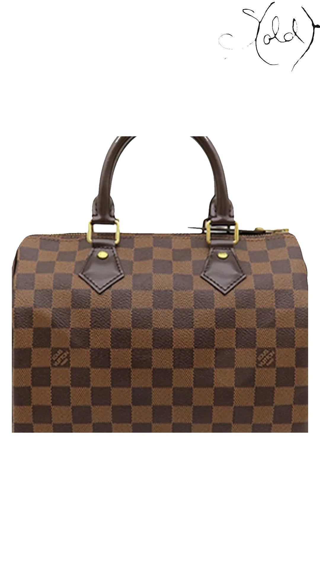 Sold Attire Louis Vuitton Speedy 25 in brown Damier Ebene coated canvas with leather trim and brass-tone hardware.