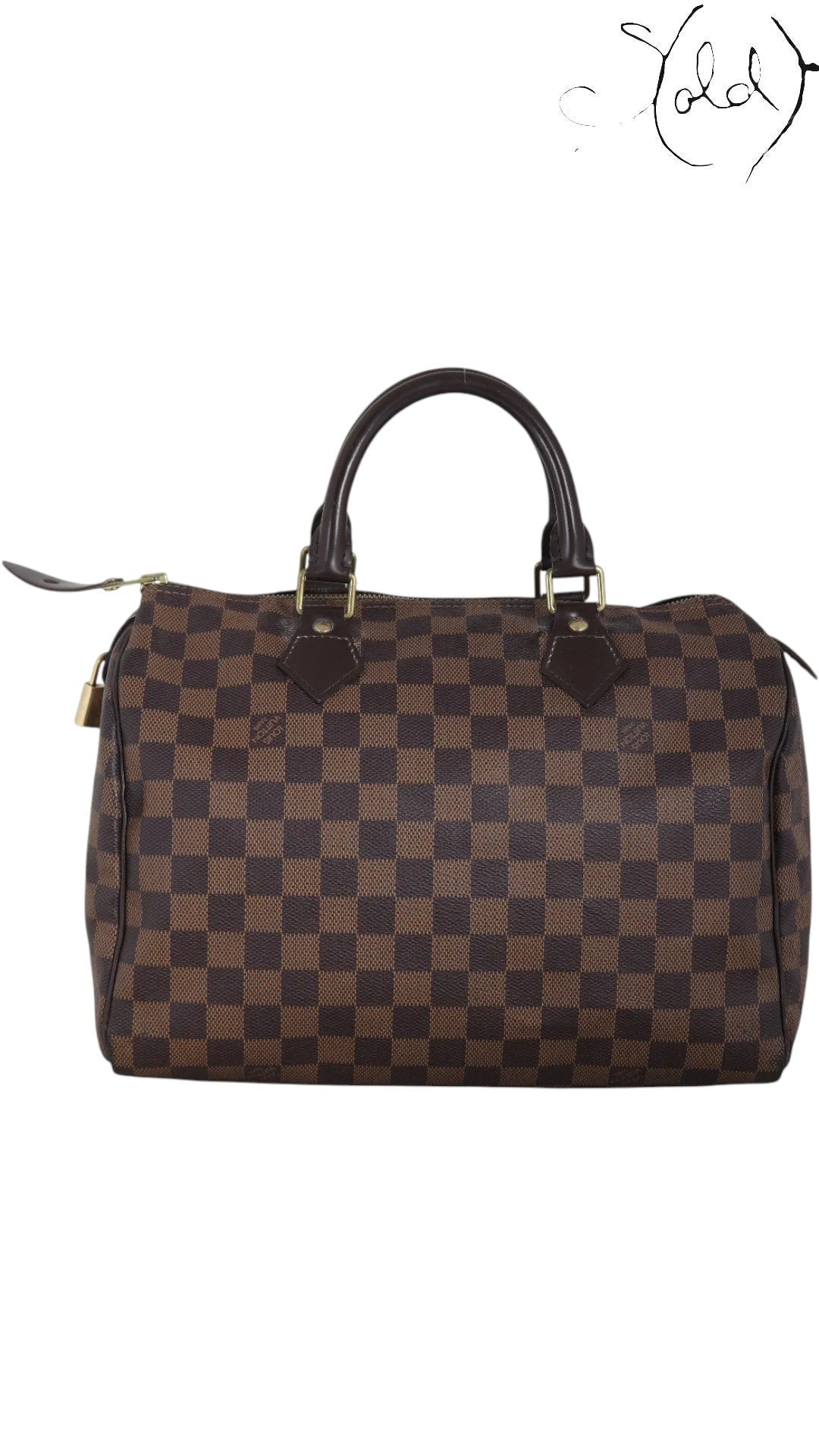 Sold Attire Louis Vuitton Speedy 30 Damier Ebene brown coated canvas handbag with leather trim and brass hardware.